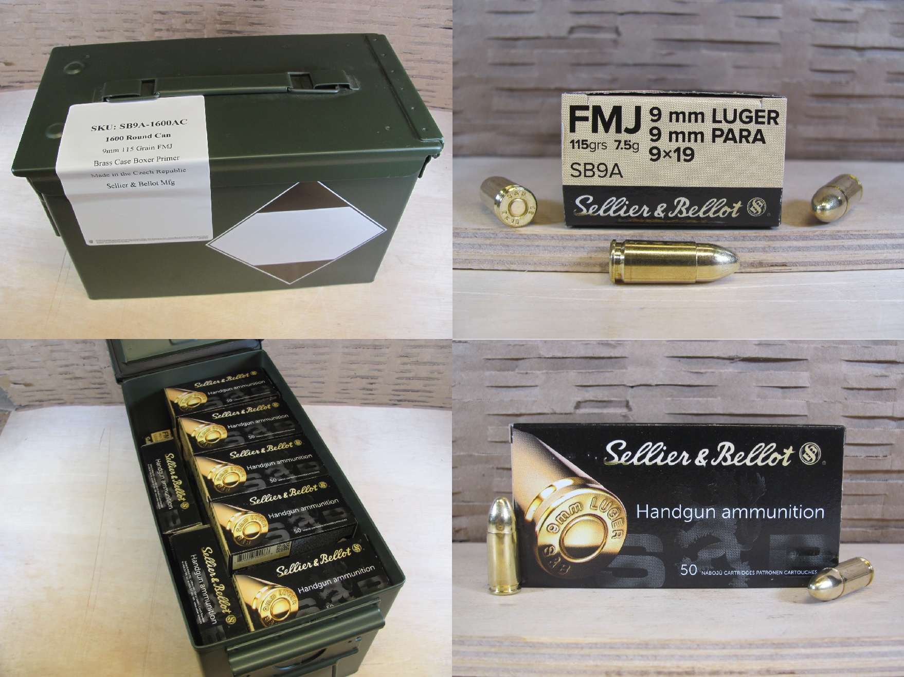 1600 Round Can 9mm Luger Sellier Bellot 115 Grain FMJ Brass Case Ammo