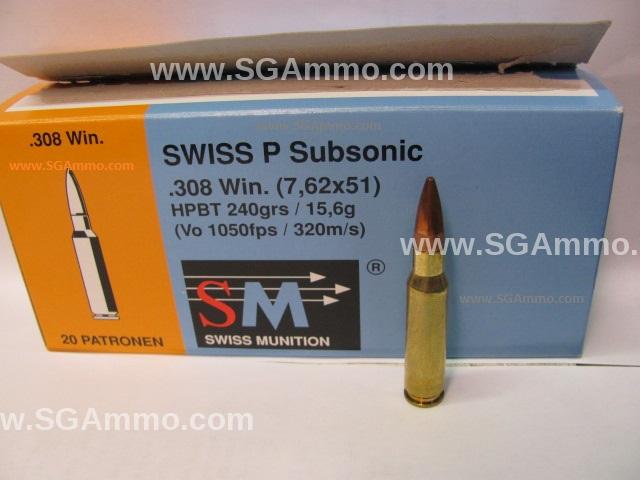 20 Round Box 308 Win 240 Grain Hpbt Swiss P Subsonic 1050 Fps By