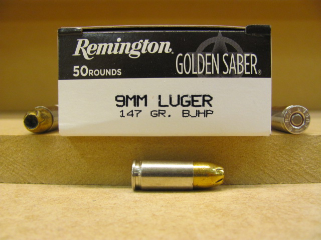 50 Round Box - 9mm Luger 147 Grain BJHP Remington Golden Saber Ammo ...