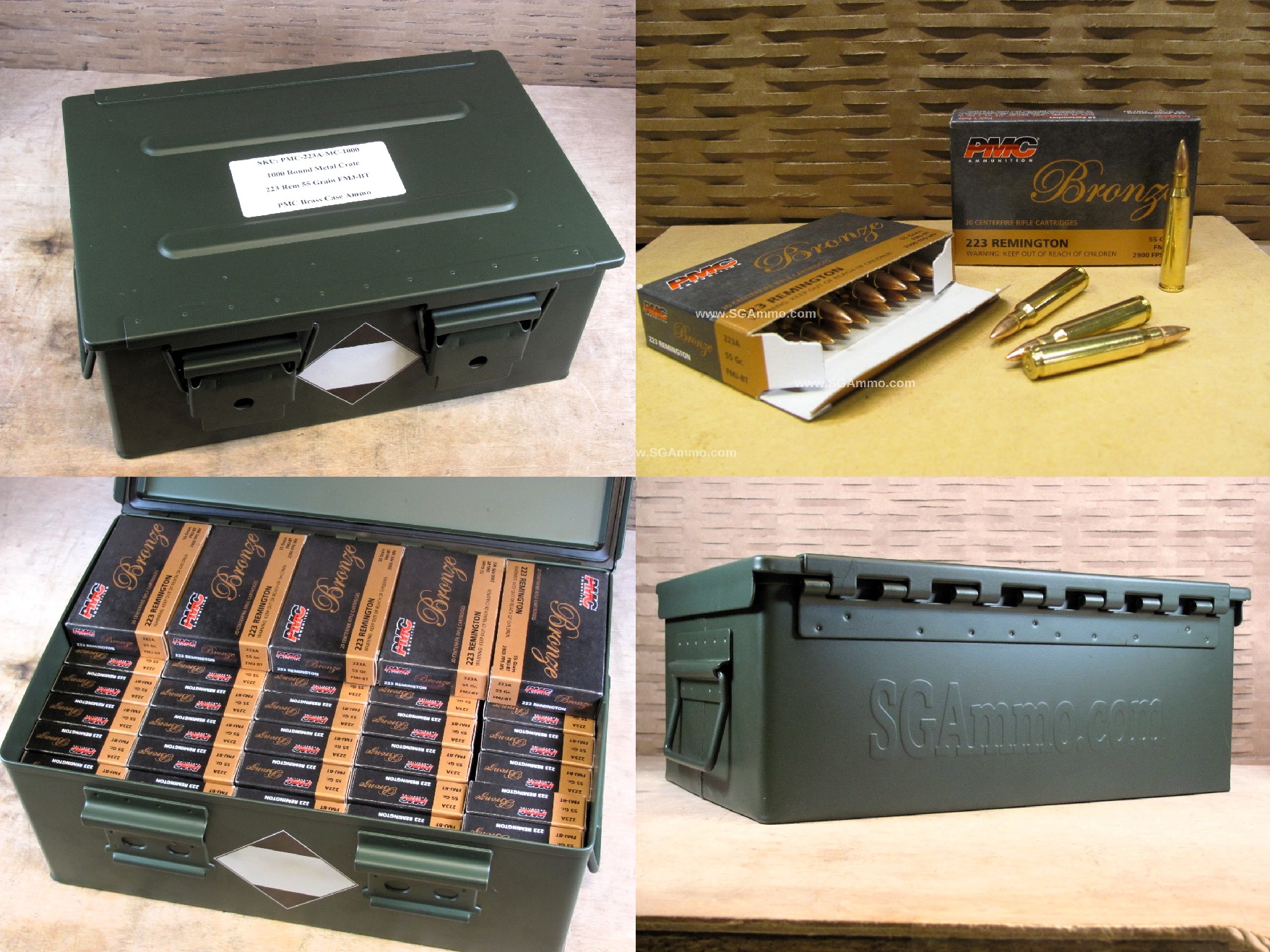 1000 Round Metal Crate Canister - 223 Rem PMC 55 Grain FMJ-BT Brass ...