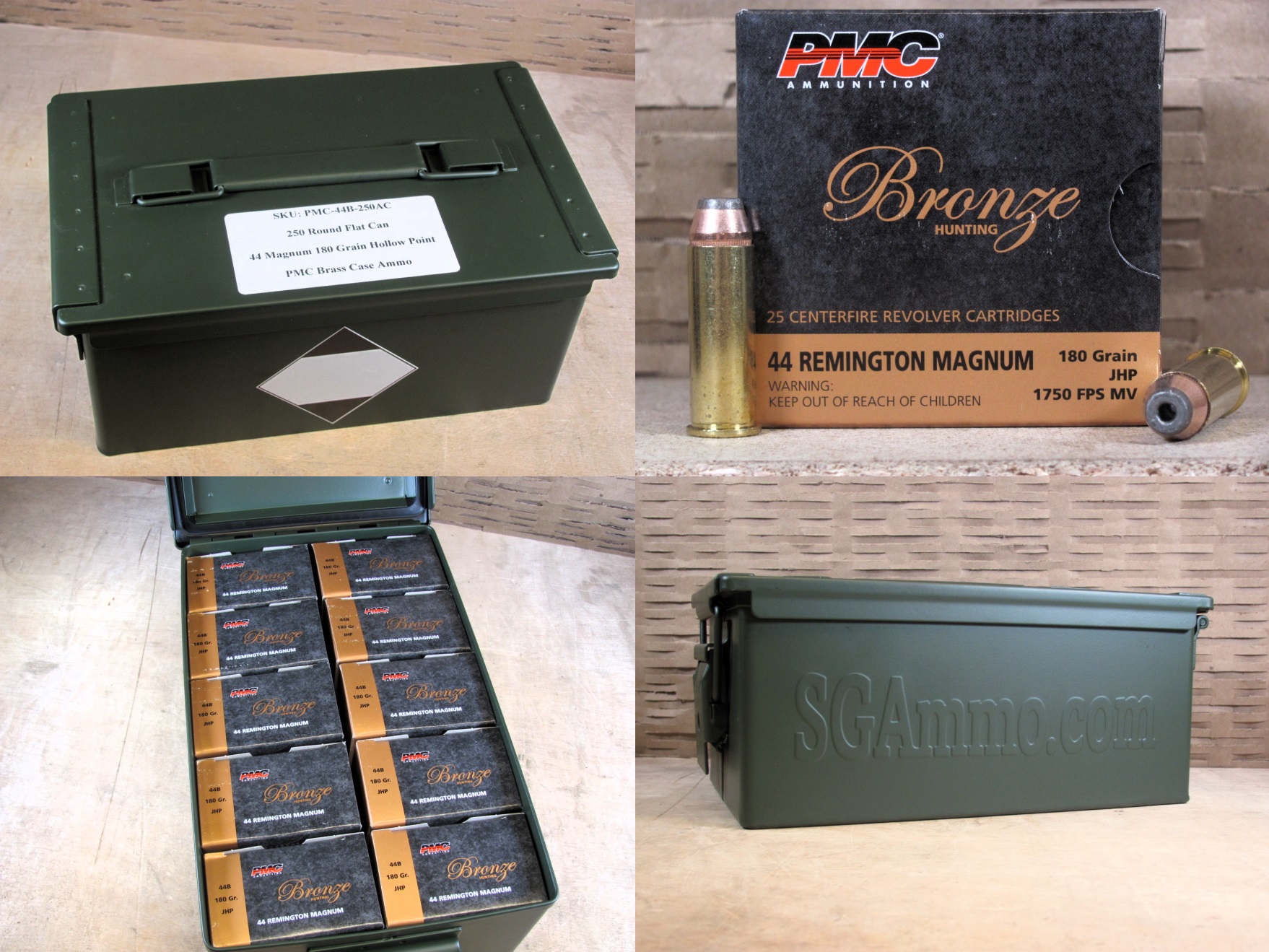 250 Round Flat Can - 44 Magnum Pmc 180 Grain Jhp Ammo - 44b - Packed In 