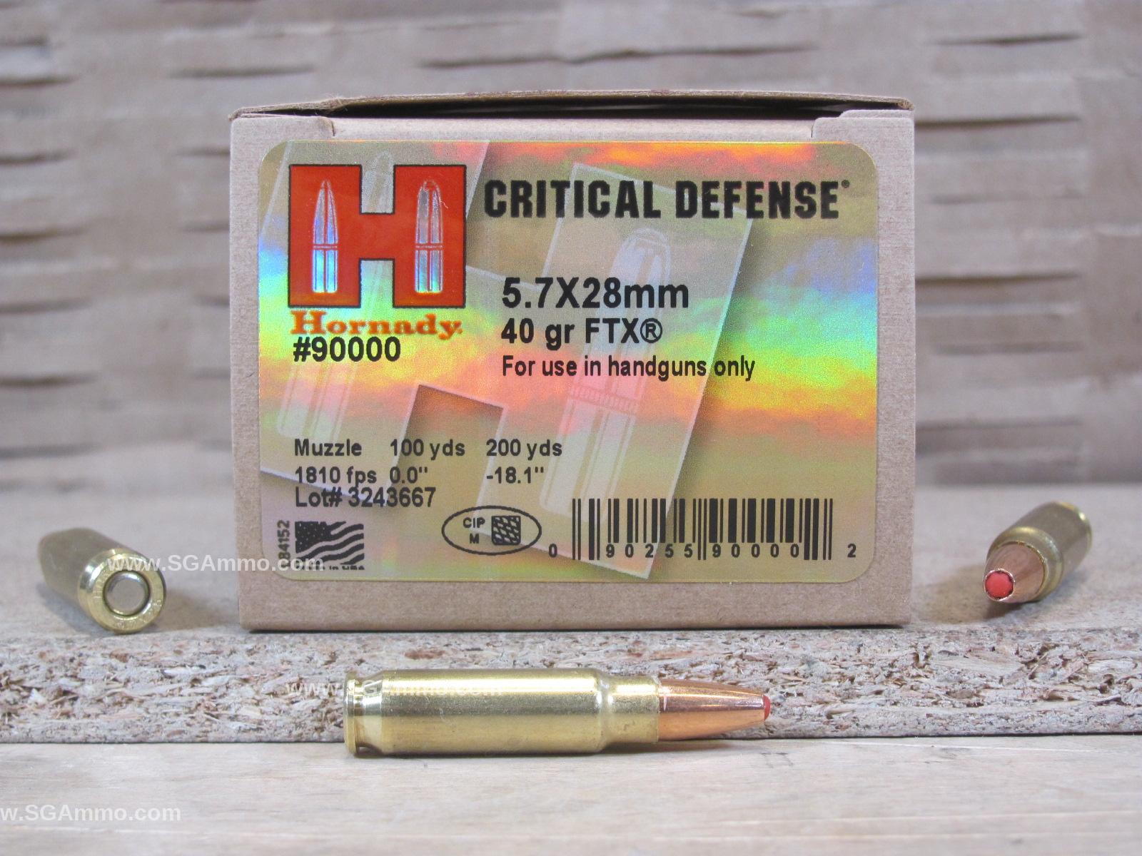 25 Round Box - 5.7x28mm 40 Grain FTX Hornady Critical Defense Ammo ...