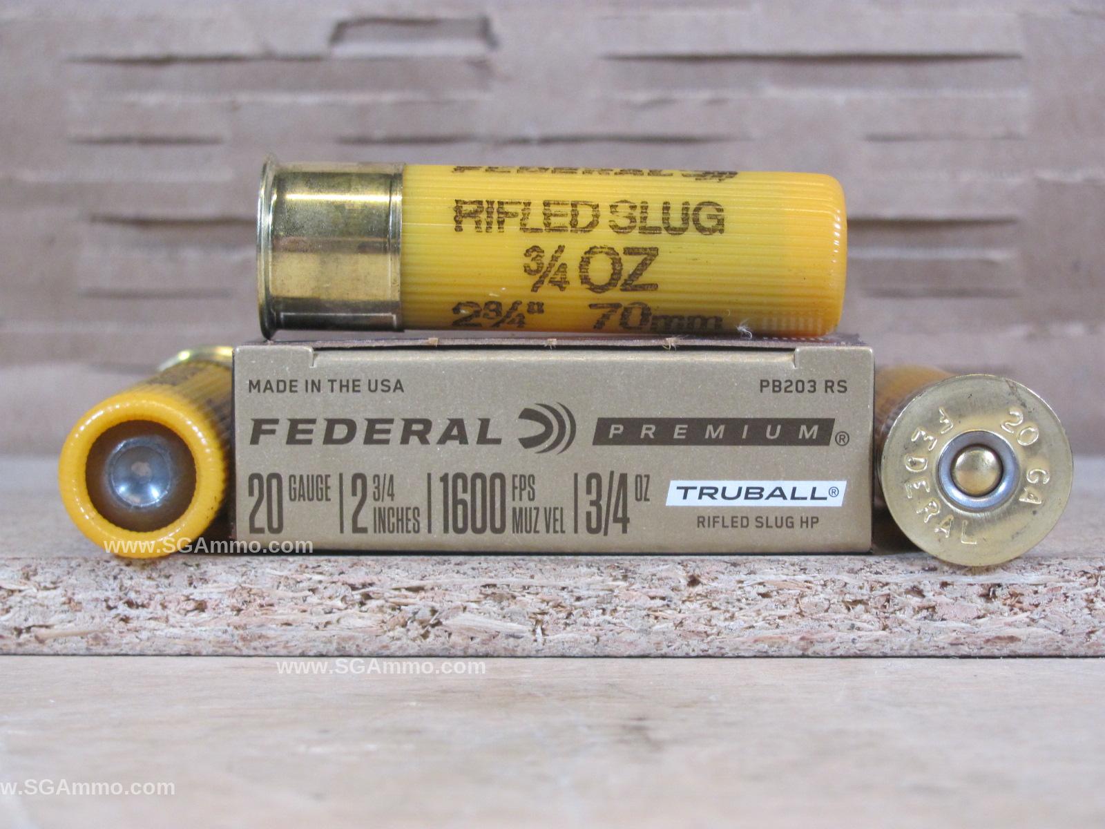 5 Round Box - 20 Gauge 2.75 Inch 3/4 Ounce Federal Rifled TruBall Slug ...