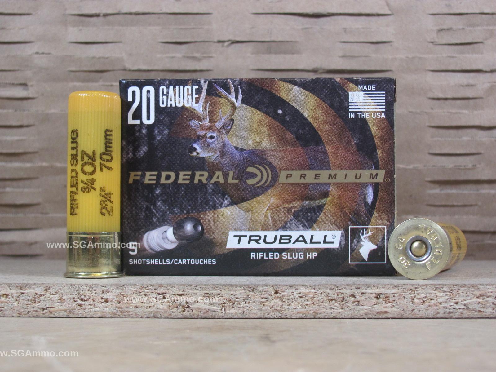 5 Round Box - 20 Gauge 2.75 Inch 3/4 Ounce Federal Rifled TruBall Slug ...