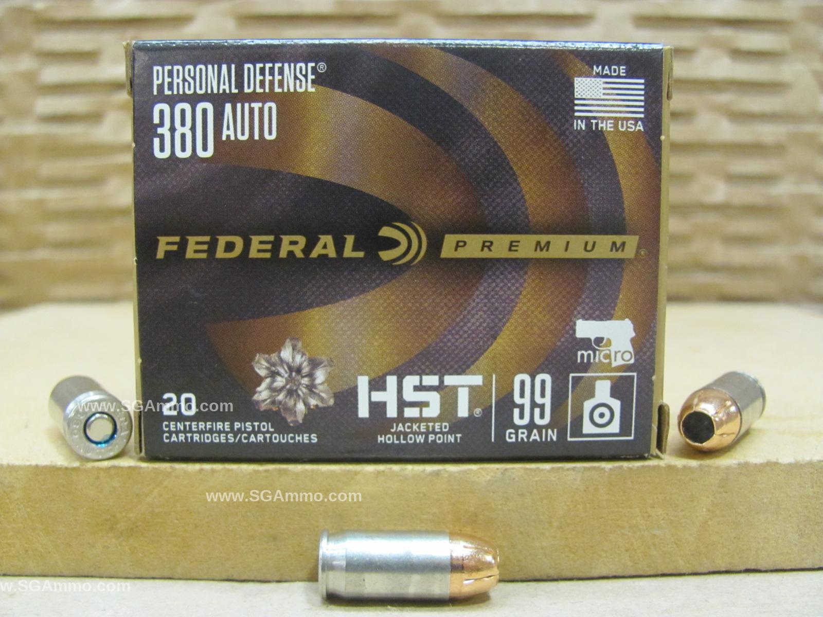 20 Round Box - 380 Auto 99 Grain HST JHP Federal Personal Defense Ammo ...