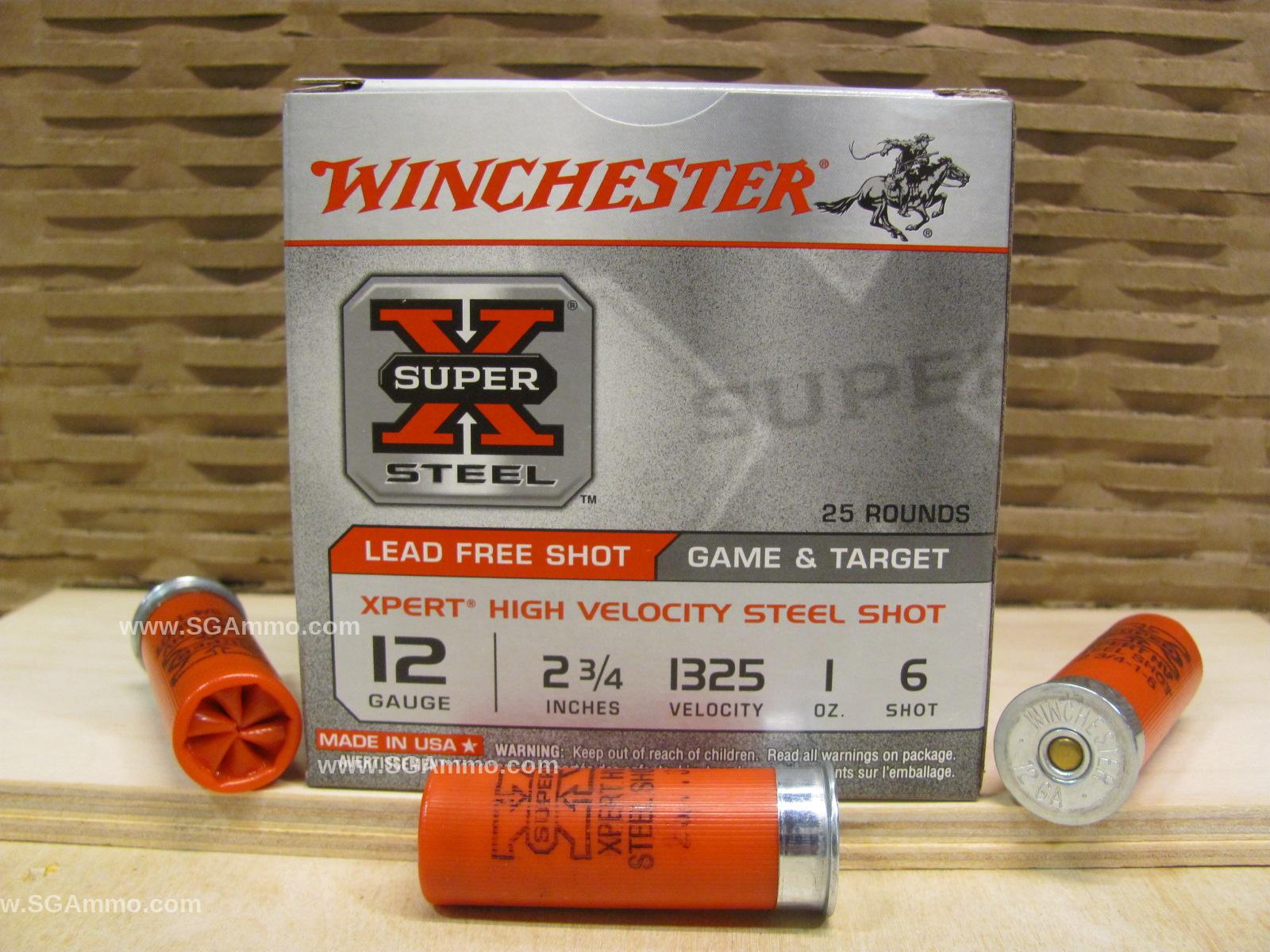 25 Round Box - 12 Gauge 2.75 Inch 1 Ounce Number 6 Shot Winchester Super X  High Velocity Steel Shot Ammo - WE12GT6