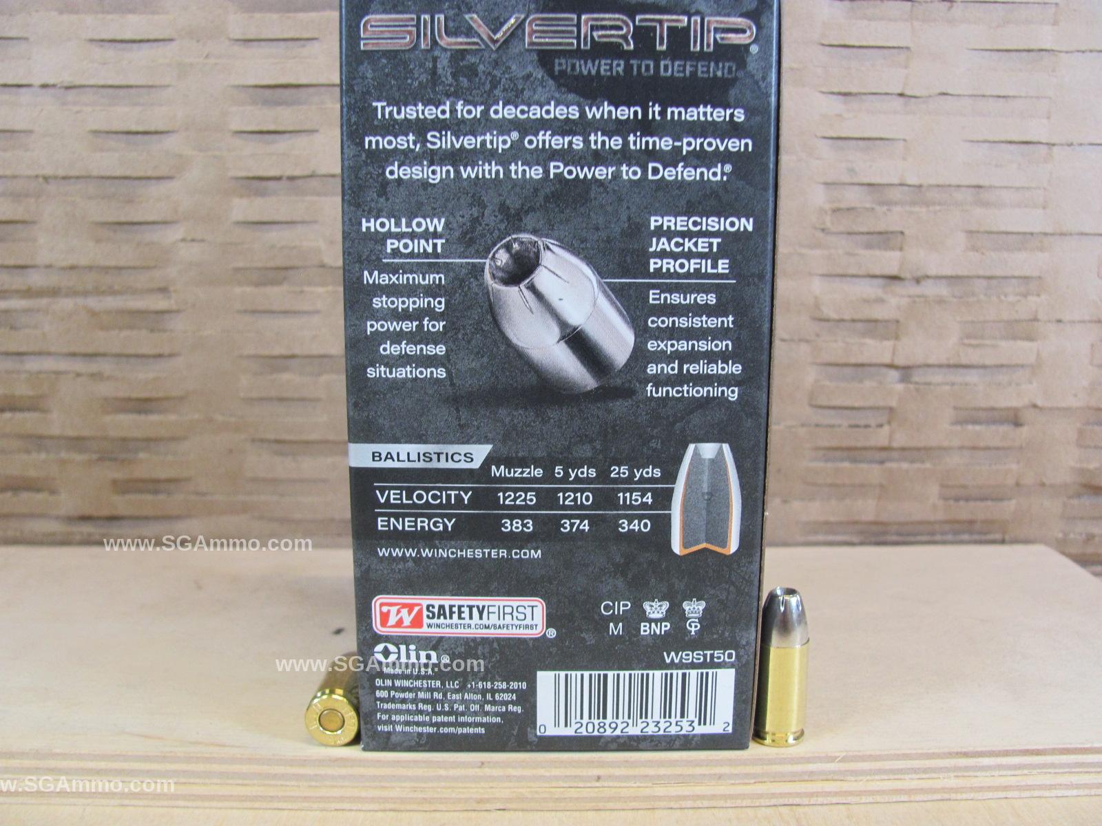 Box Hollow Tip 115 Silver Defense Grain W9ST50 Ammo Round - Luger 9mm 50 Point Winchester -
