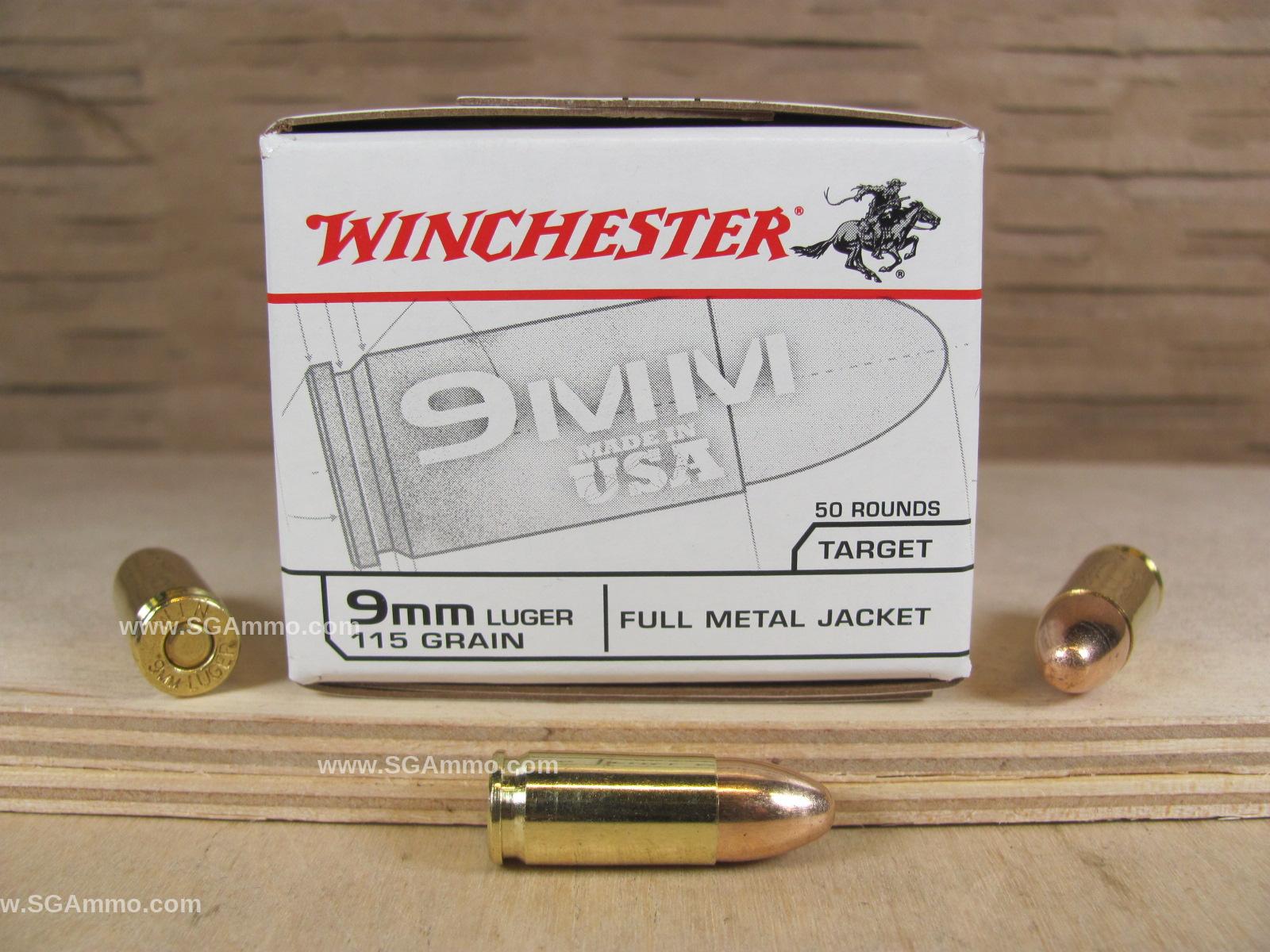 50 Round Box - 9mm Luger FMJ 115 Grain Winchester White Box Ammo 