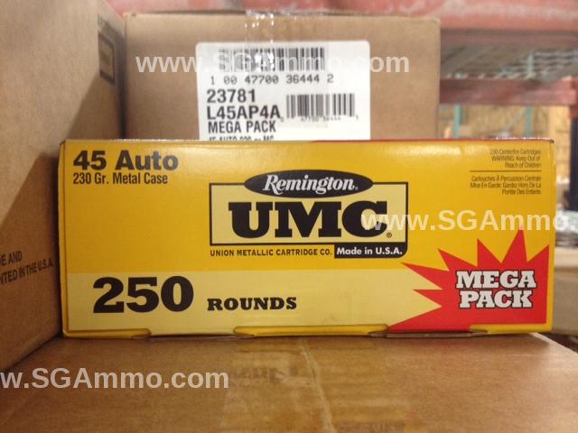 250 Round Box - 45 Auto 230 Grain MC FMJ Remington UMC Ammo - L45AP4A ...