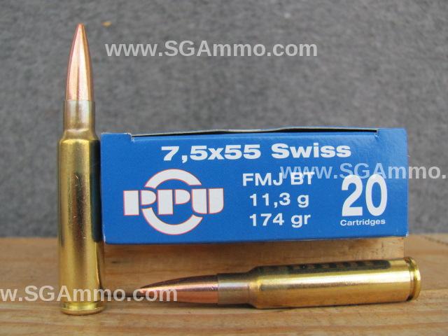 200 Round Case - 7.5x55 Swiss 174 Grain FMJ Prvi Partizan Ammo - PP7SF ...