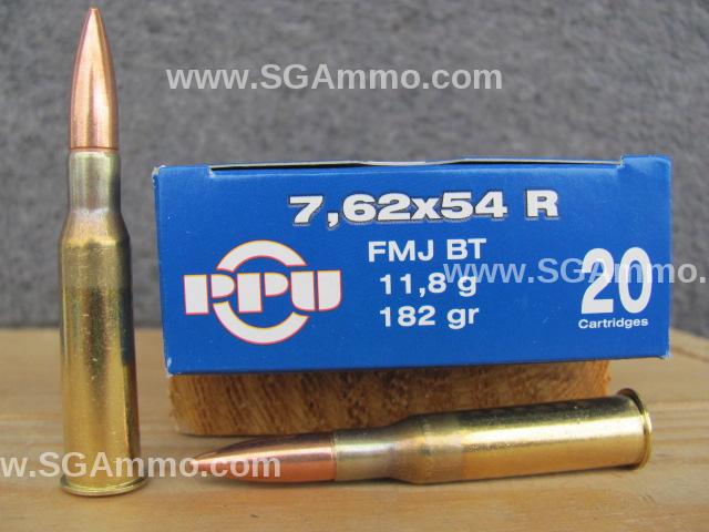 20 Round Box - 7.62x54R FMJ 182 Grain Brass Case Non-Corrosive Prvi ...