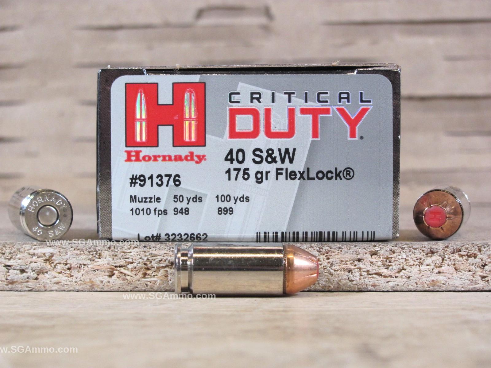 40 Cal SW Hornady Critical Duty 175 Grain FlexLock Hollow Point Ammo - 91376