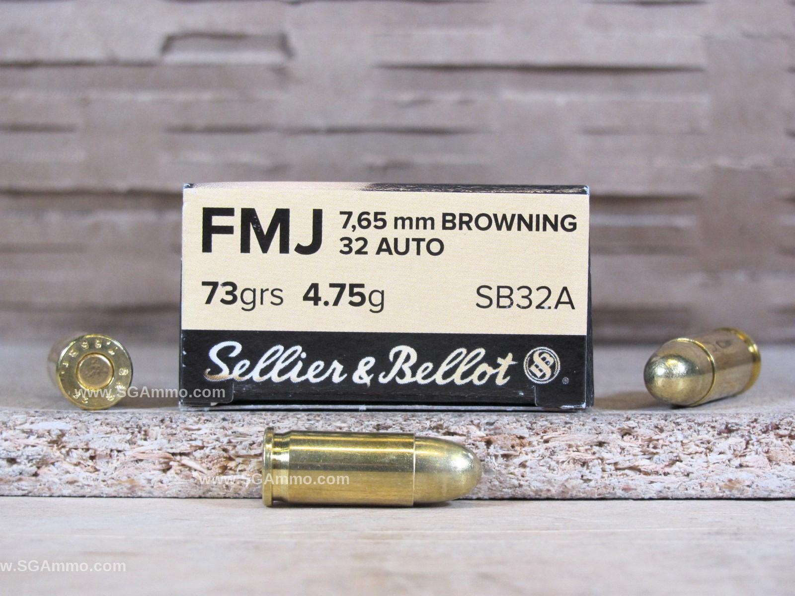 32 Auto 73 Grain FMJ Ammo by Sellier Bellot – aka 7.65 Browning – SB32A