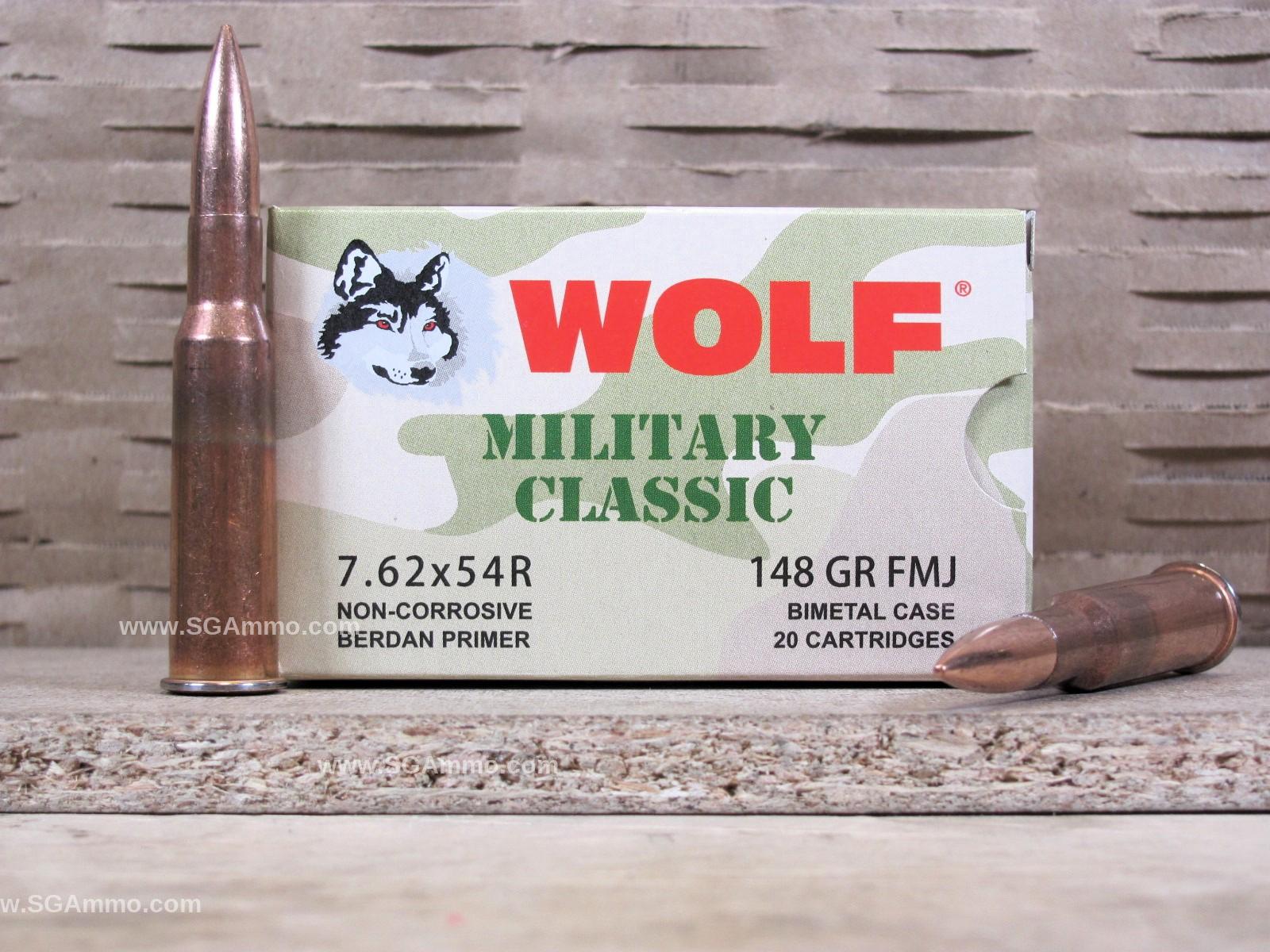 7.62x54R 148 Grain FMJ Bi-metal Case Wolf WPA Military Classic Ammo by LVE