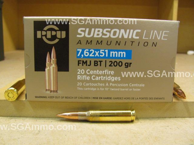 7.62x51 Subsonic 200 Grain FMJ BT Ammo By Prvi Partizan - PPS762