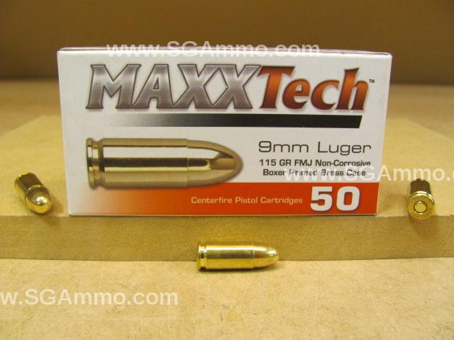 9mm Luger 115 grain FMJ Brass Case Maxxtech Ammo - PTGB9MMB