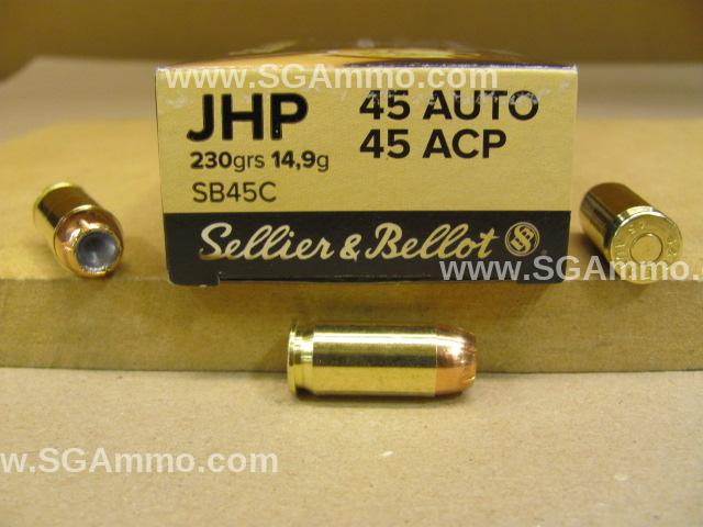 45 Auto 230 Grain JHP Hollow Point Ammo by Sellier Bellot - SB45C