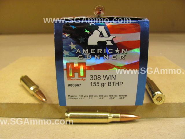 308 Win 155 grain BTHP Hornady American Gunner Ammo - 80967