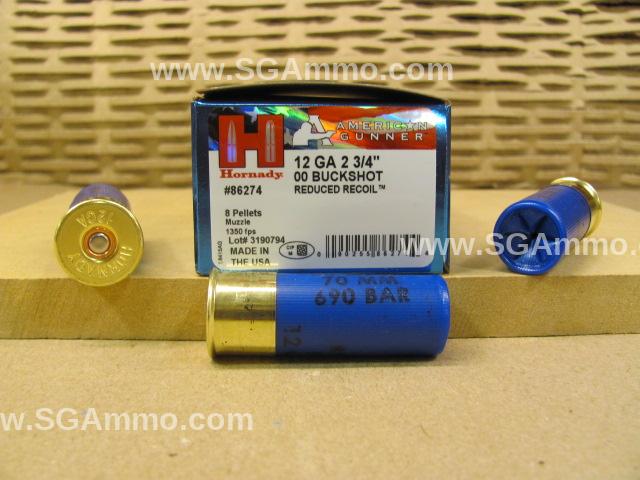 12 Gauge 2.75 00 Buckshot 8 Pellet Reduced Recoil Hornady American Gunner Ammo - 86274
