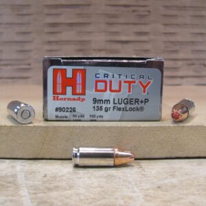 25 Round Box - 9mm Luger +P 135 Grain Hornady Critical Duty FlexLock Hollow Point Ammo - 90226