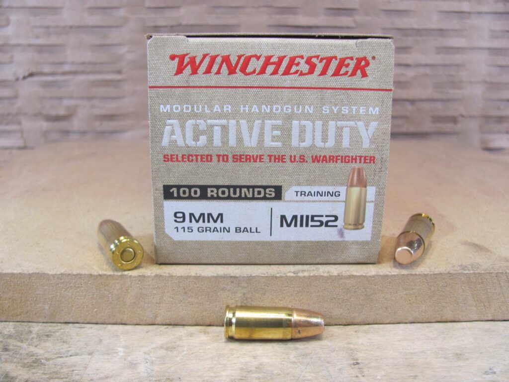 100 Round Box - 9mm Luger 115 Grain Flat Nose FMJ Ball Winchester M1152 Active Duty Ammo - WIN9MHSC - Premium Ammo For Sale | In Stock | SG Ammo