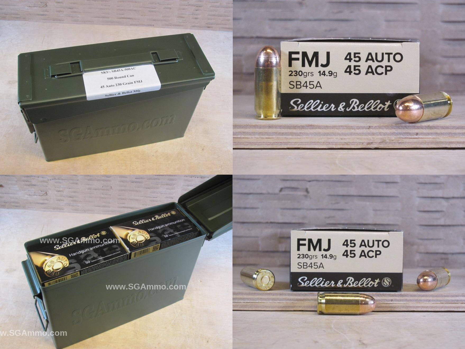 45 Auto 230 Grain FMJ Sellier Bellot Brass Case Ammo - SB45A - Packed in M19A1 Canister