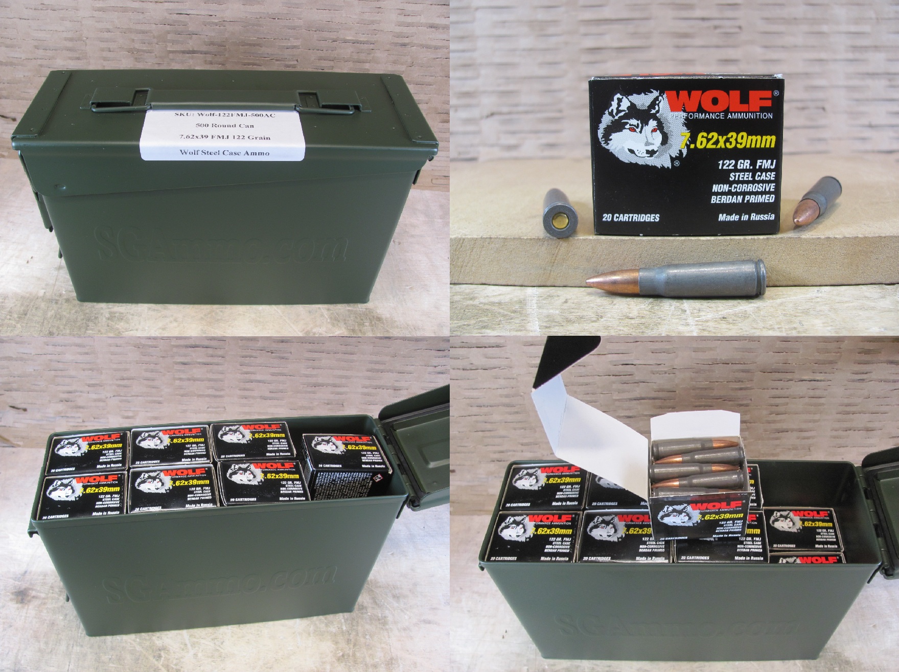 500 Round Can - Wolf 7.62x39 122 Grain FMJ Ammo Made by UCW in Russia - Packed in M19A1 Canister