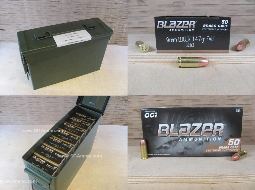 350 Round Can - 9mm Luger 147 Grain FMJ CCI Blazer Brass Ammo - 5203 - Packed in M19A1 Canister - Premium Ammo For Sale | In Stock | SG Ammo
