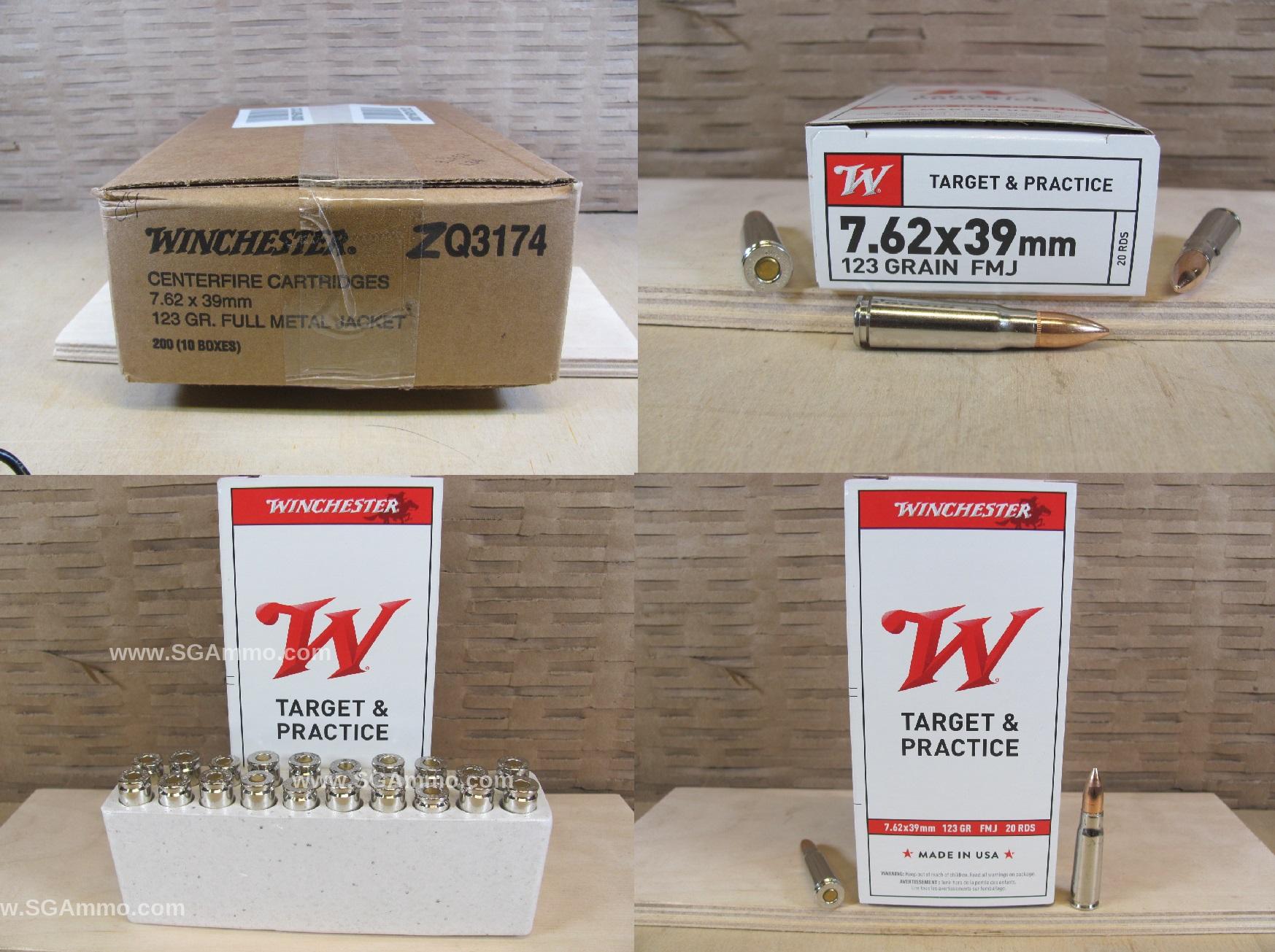 7.62x39 123 Grain FMJ Winchester Nickel Plated Brass Case White Box Target Ammo - ZQ3174
