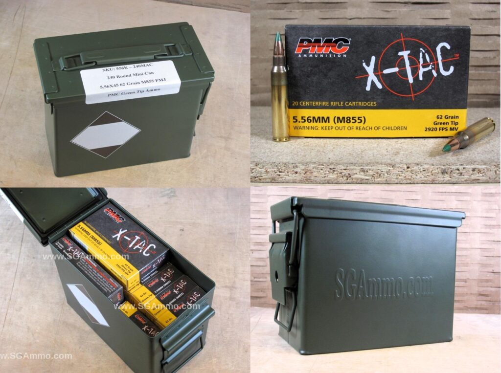 240 Round Can – 5.56 PMC X-TAC M855 62 Grain Green Tip FMJ Ammo