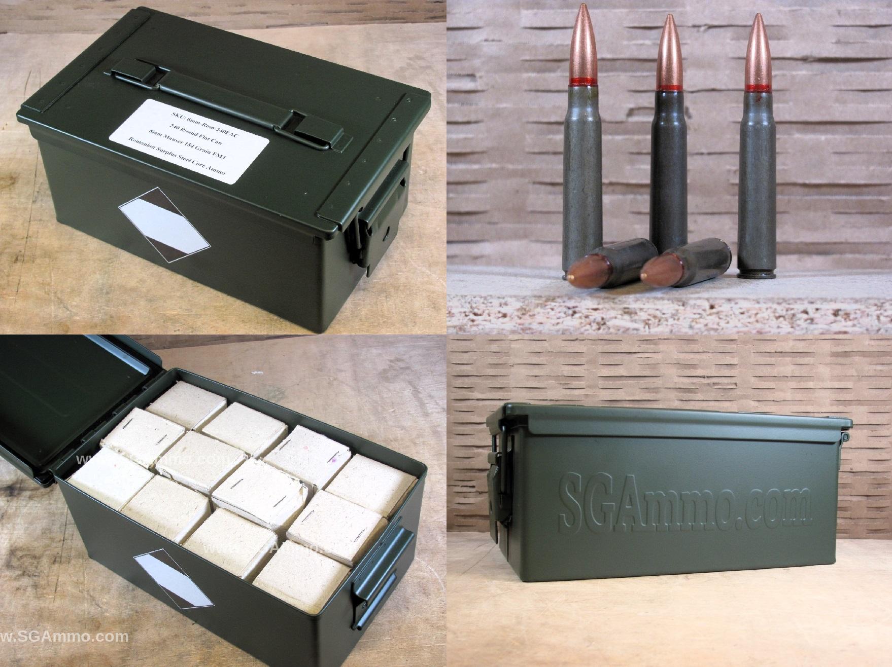 8mm Mauser 154 Grain FMJ Steel Case Ammo Made in Romania - Packed in Metal Canister
