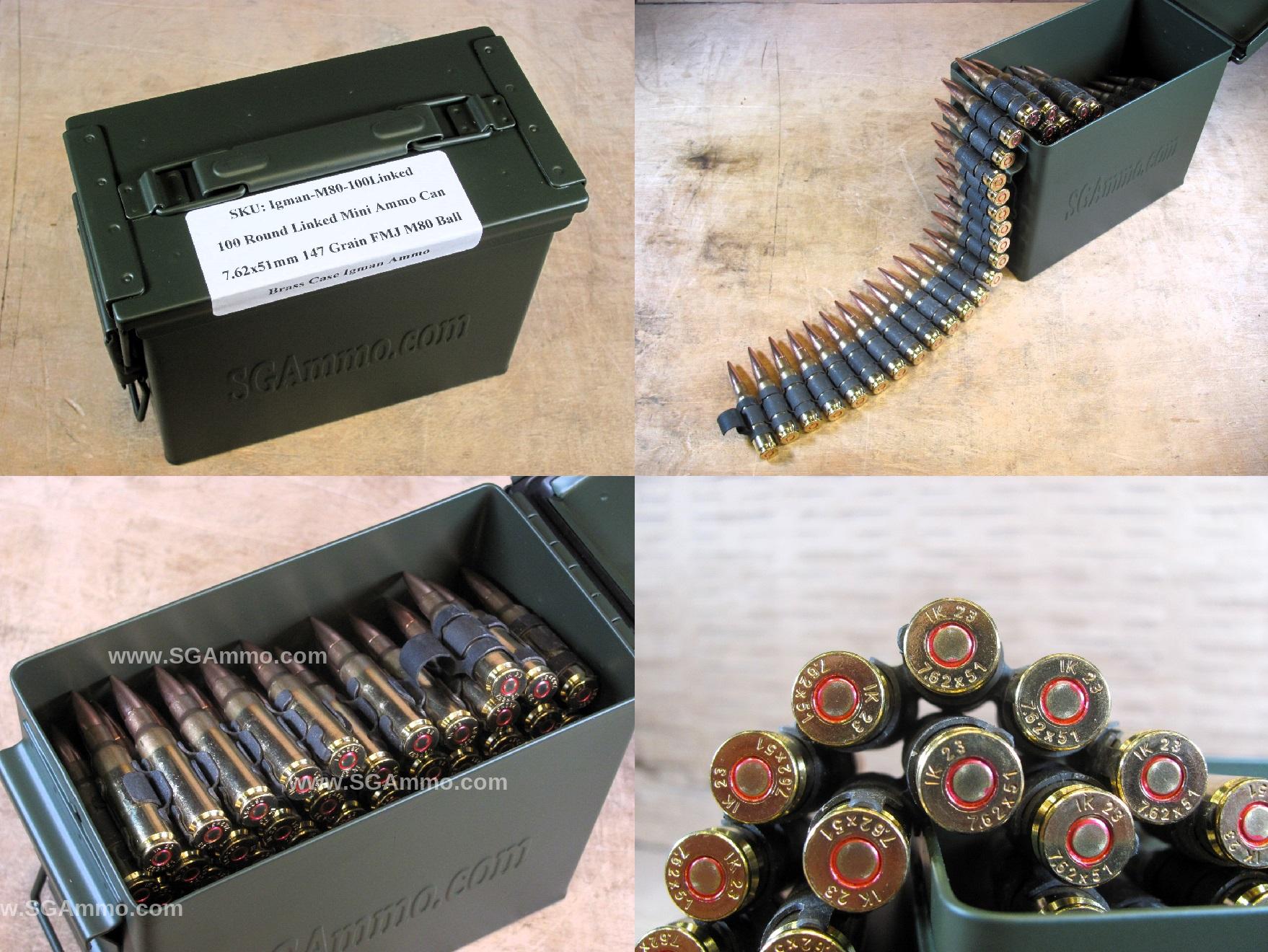 Linked 7.62x51mm 147 Grain M80 Ball Ammo By Igman On M13 Links - In Mini Canister