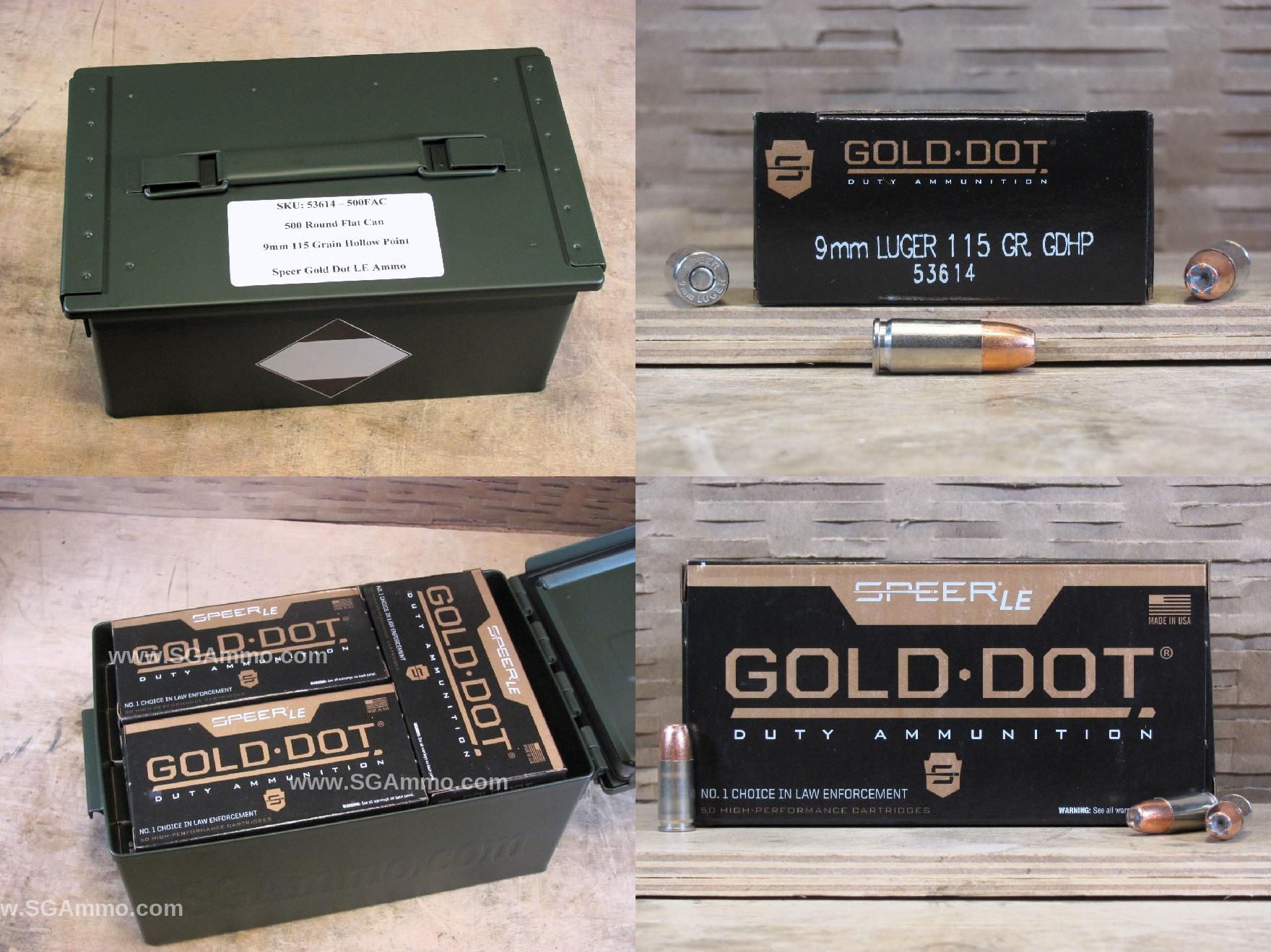500 Round Flat Can - 9mm Speer Gold Dot 115 Grain Hollow Point LE Ammo - 53614 - Packed in Metal Canister