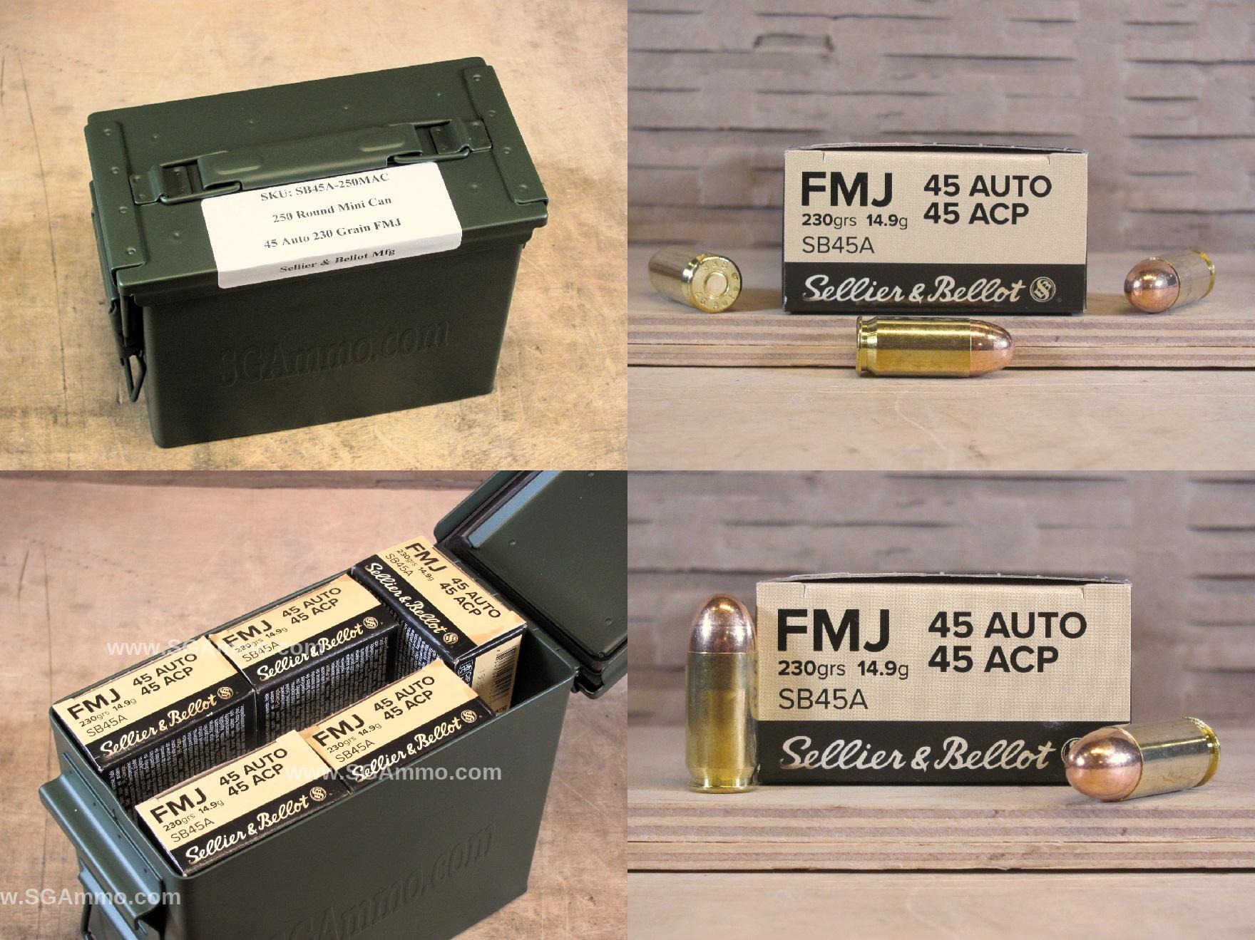 45 Auto 230 Grain FMJ Sellier Bellot Brass Case Ammo - SB45A - Packed in Mini Caniste