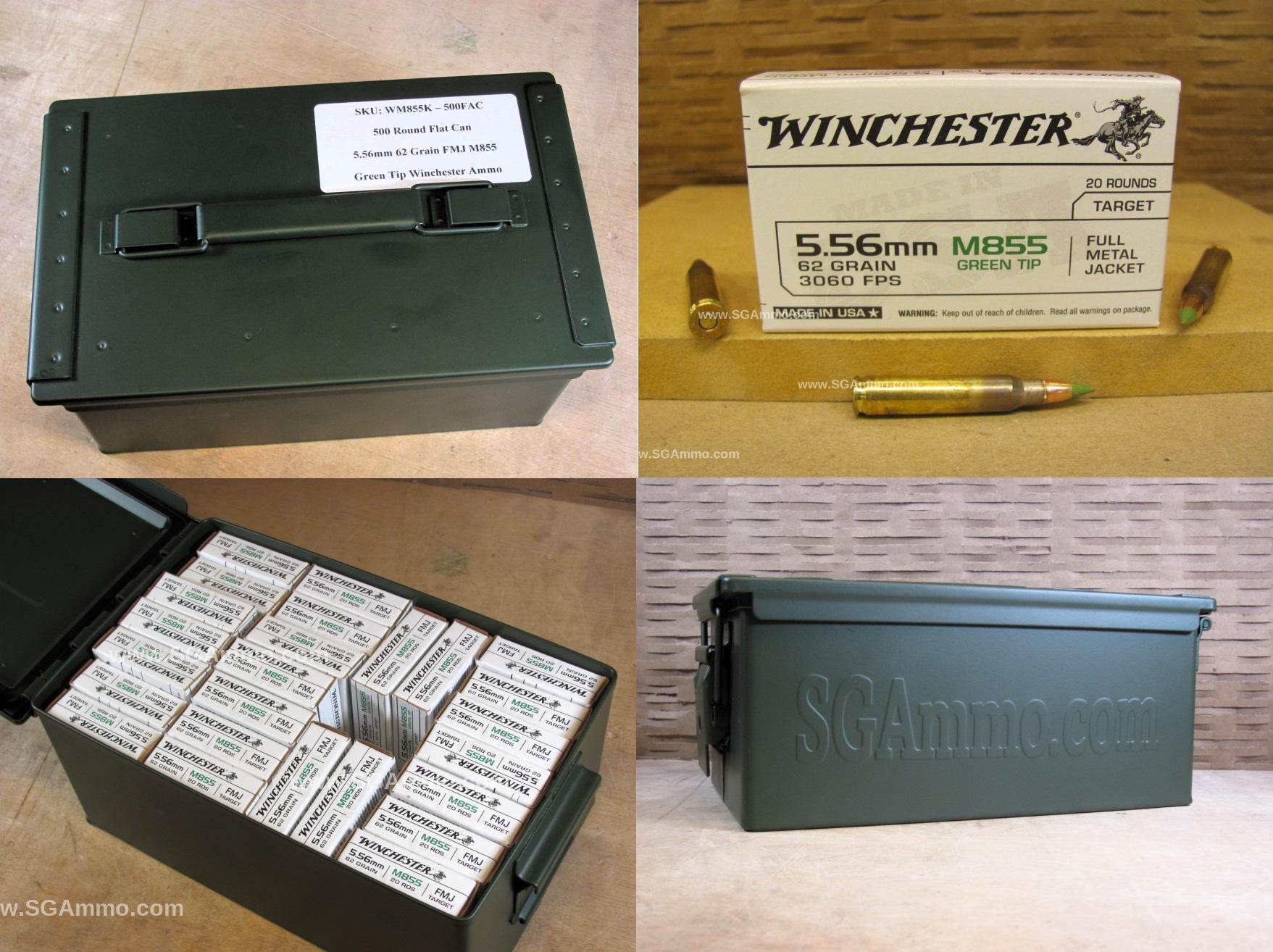 500 Round Flat Can - 5.56mm 62 Grain FMJ M855 Green Tip Winchester Ammo - WM855K - Packed in Metal Canister