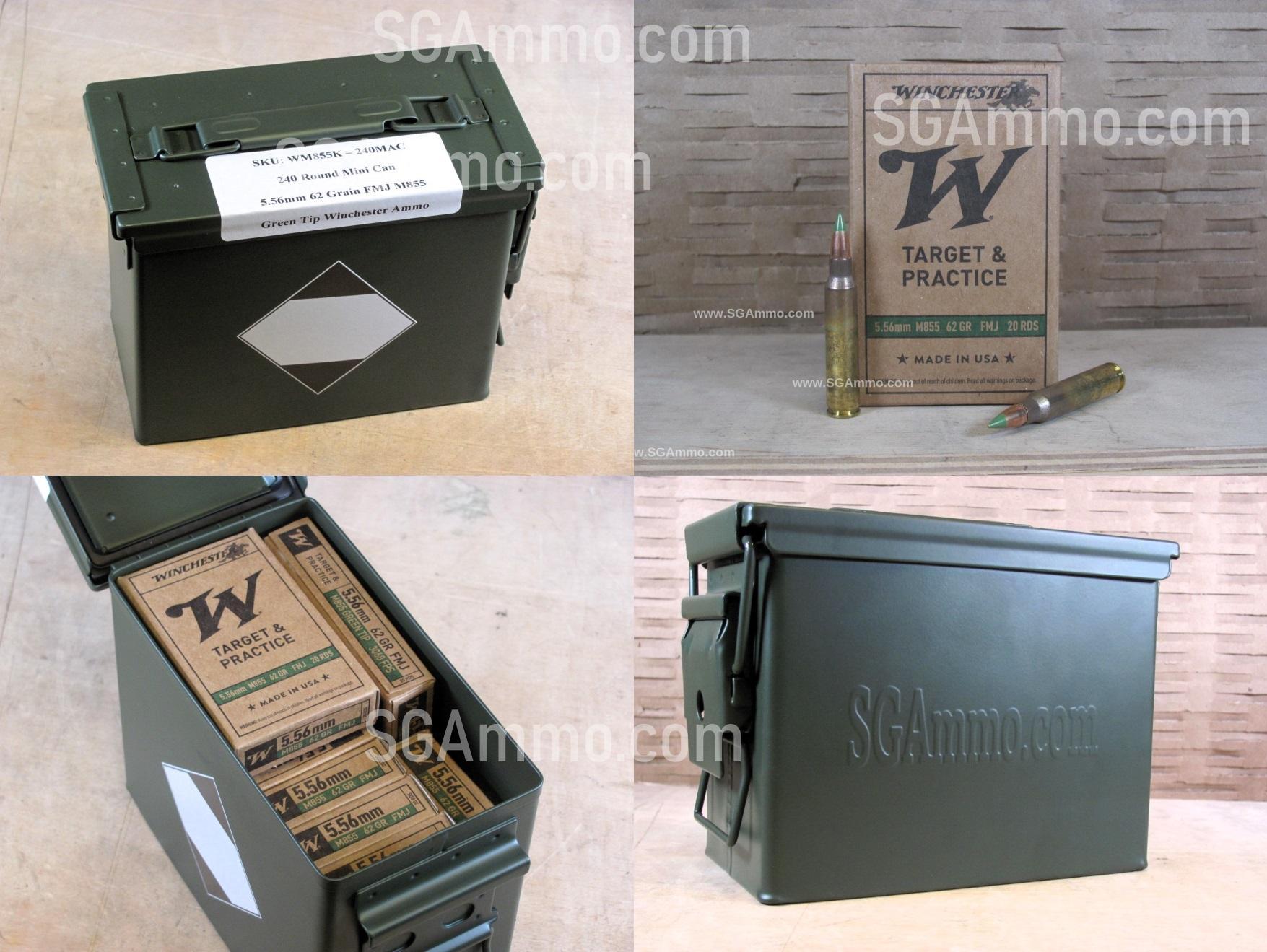 240 Round Can - 5.56mm 62 Grain FMJ M855 Green Tip Winchester Ammo - WM855K - Packed in Mini Ammo Canister