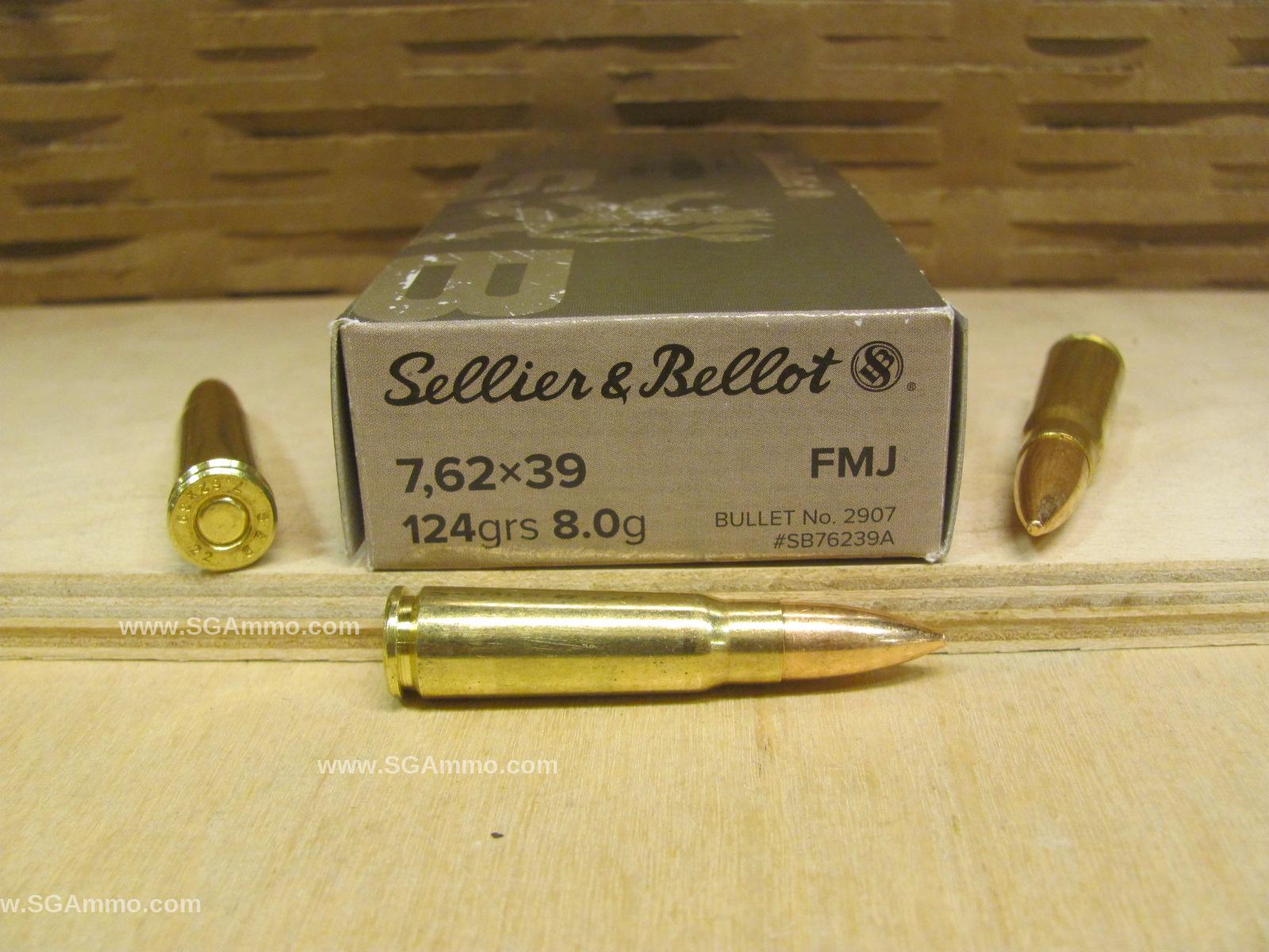 7.62x39 124 Grain FMJ Brass Case Boxer Primed Sellier Bellot Ammo - SB76239A