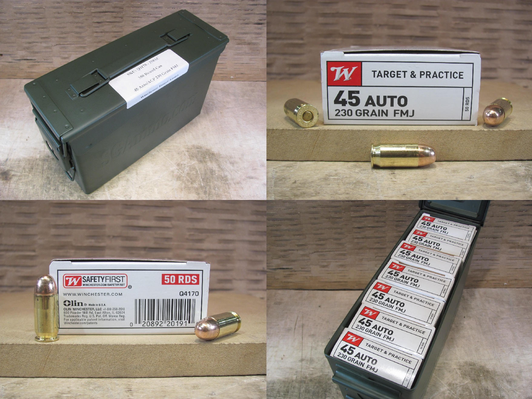 350 Round Can - 45 Auto / ACP Winchester 230 Grain FMJ Ammo - Q4170 - Packed in M19A1 Canister