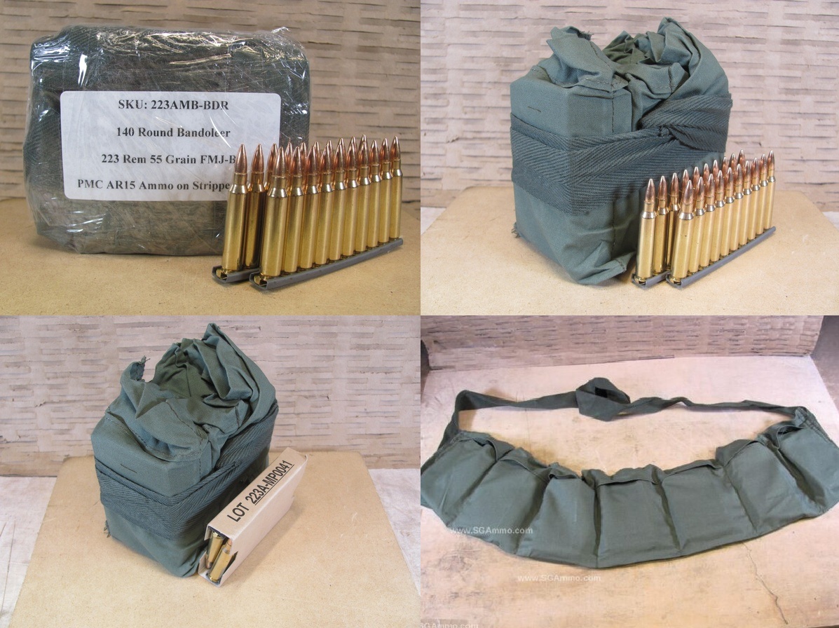 140 Round Bandoleer - 223 Rem 55 Grain FMJ-BT Ammo by PMC on AR15 Stripper Clips Packed in Bandoleer - 223AMB