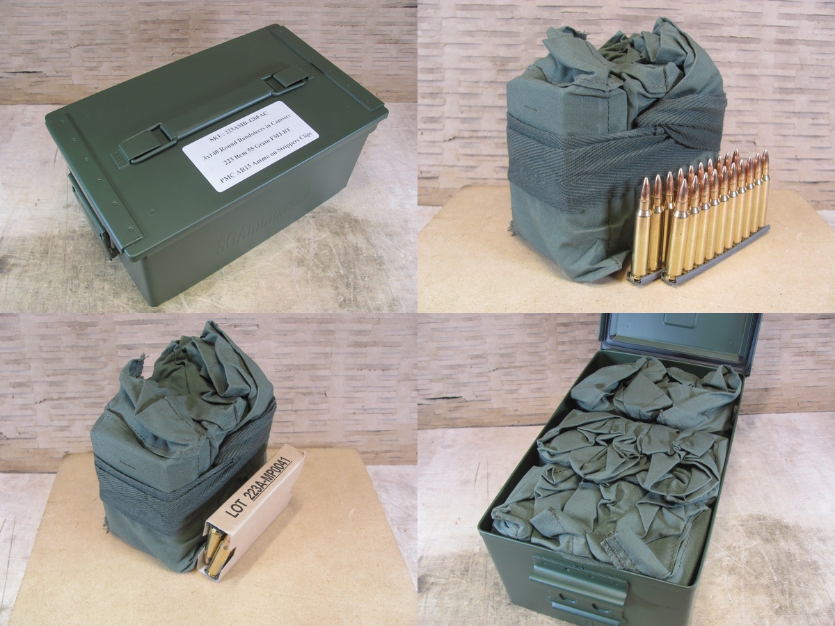 420 Round Flat Can - 223 Rem 55 Grain FMJ-BT Ammo by PMC on AR15 Stripper Clips and Bandoleers - 223AMB - Packed in Metal Canister