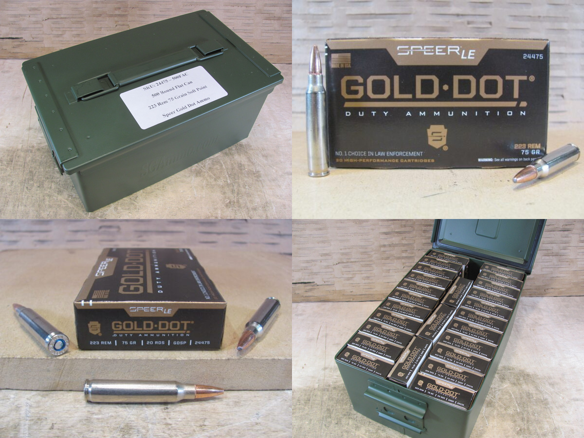500 Round Flat Can - 223 Rem 75 Grain Speer Gold Dot Soft Point Ammo - 24475 - Packed in Metal Canister