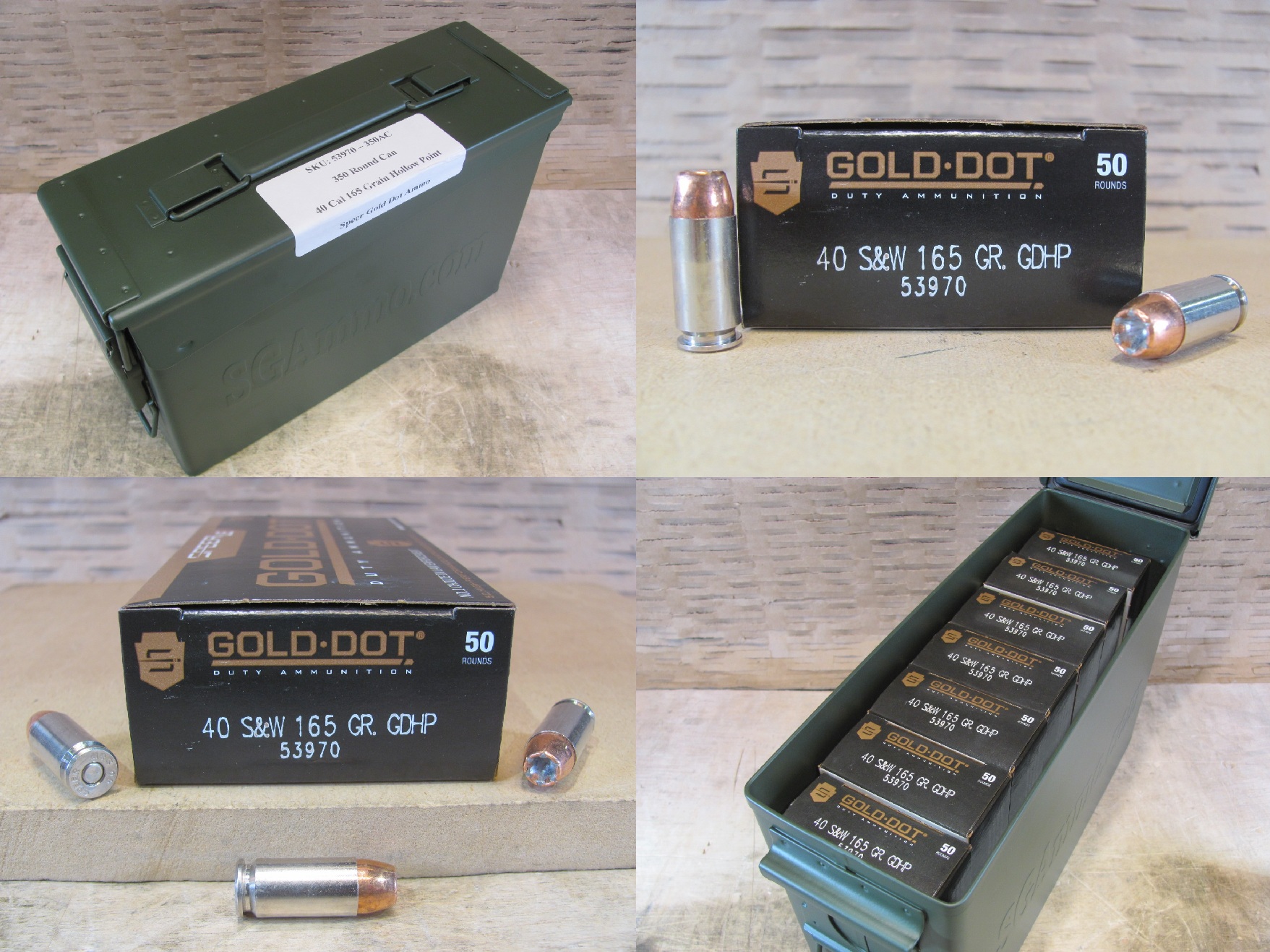 350 Round Can - 40 Cal Speer Gold Dot 165 Grain Hollow Point Ammo - 53970 - Packed in M19A1 Canister