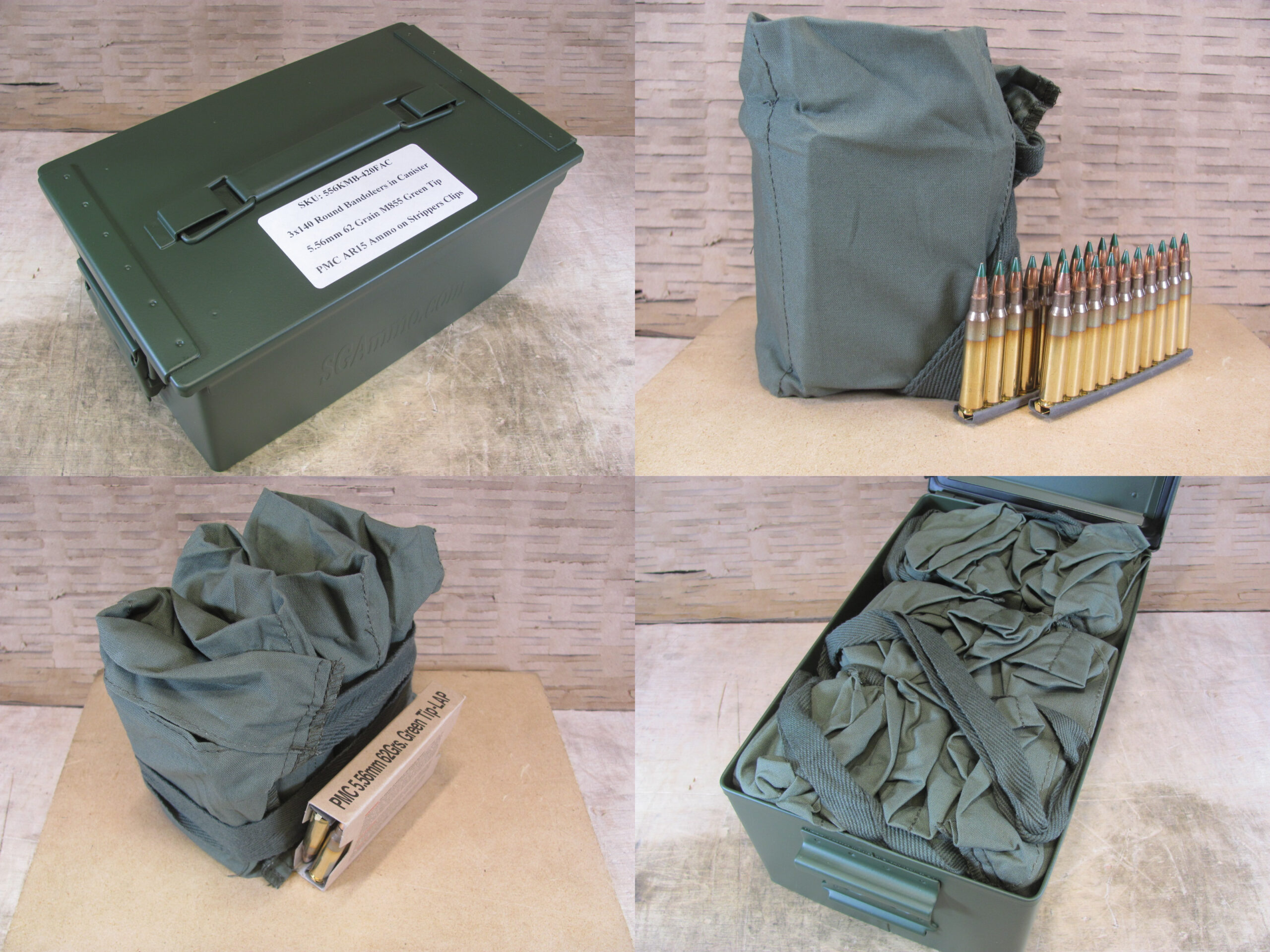 420 Round Flat Can - 5.56mm 62 Grain Green Tip M855 Ammo by PMC on AR15 Stripper Clips and Bandoleers - 556KMB - Packed in Metal Canister
