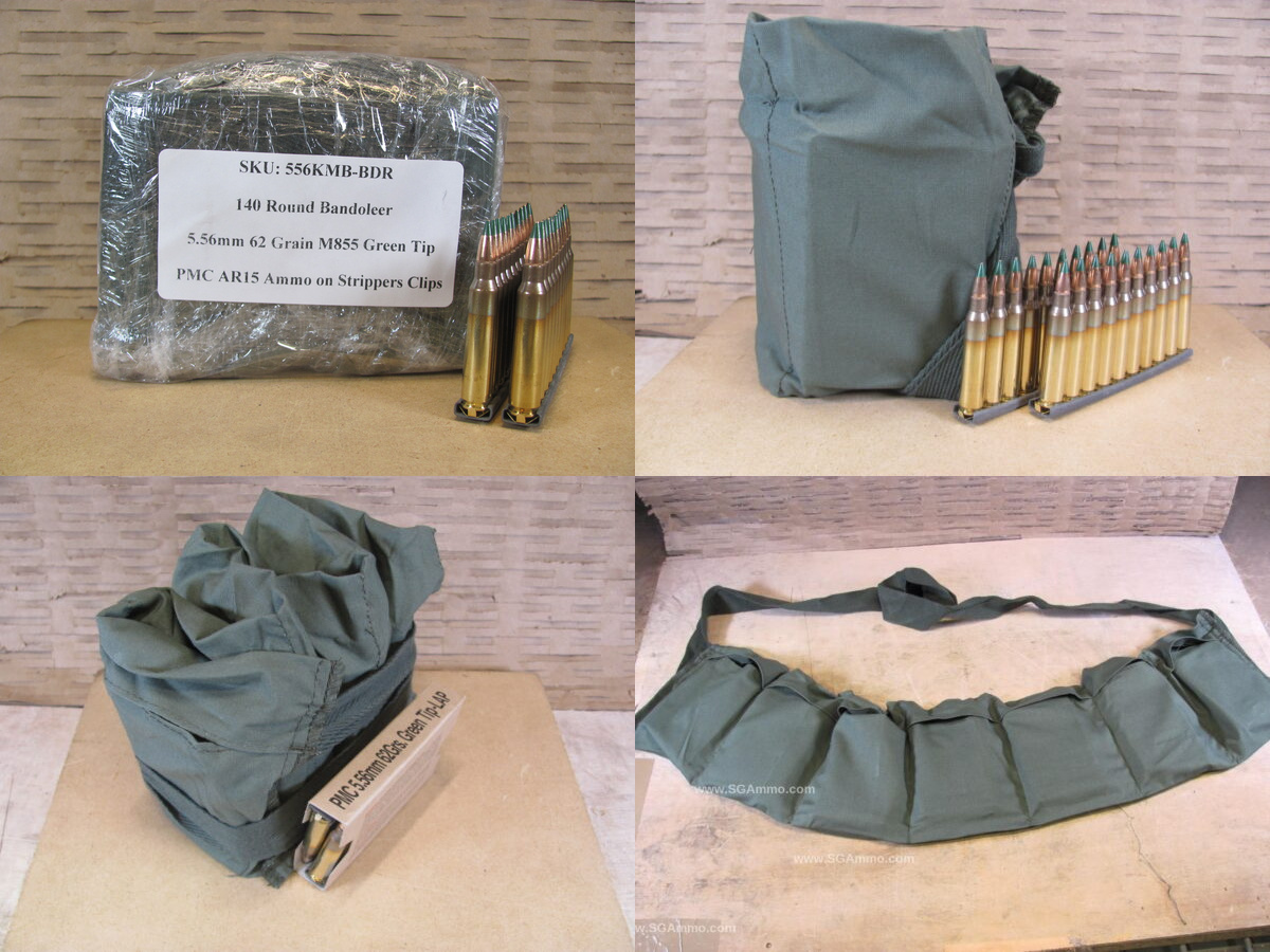 140 Round Bandoleer - 5.56mm 62 Grain Green Tip M855 Ammo by PMC on AR15 Stripper Clips Packed in Bandoleer - 556KMB