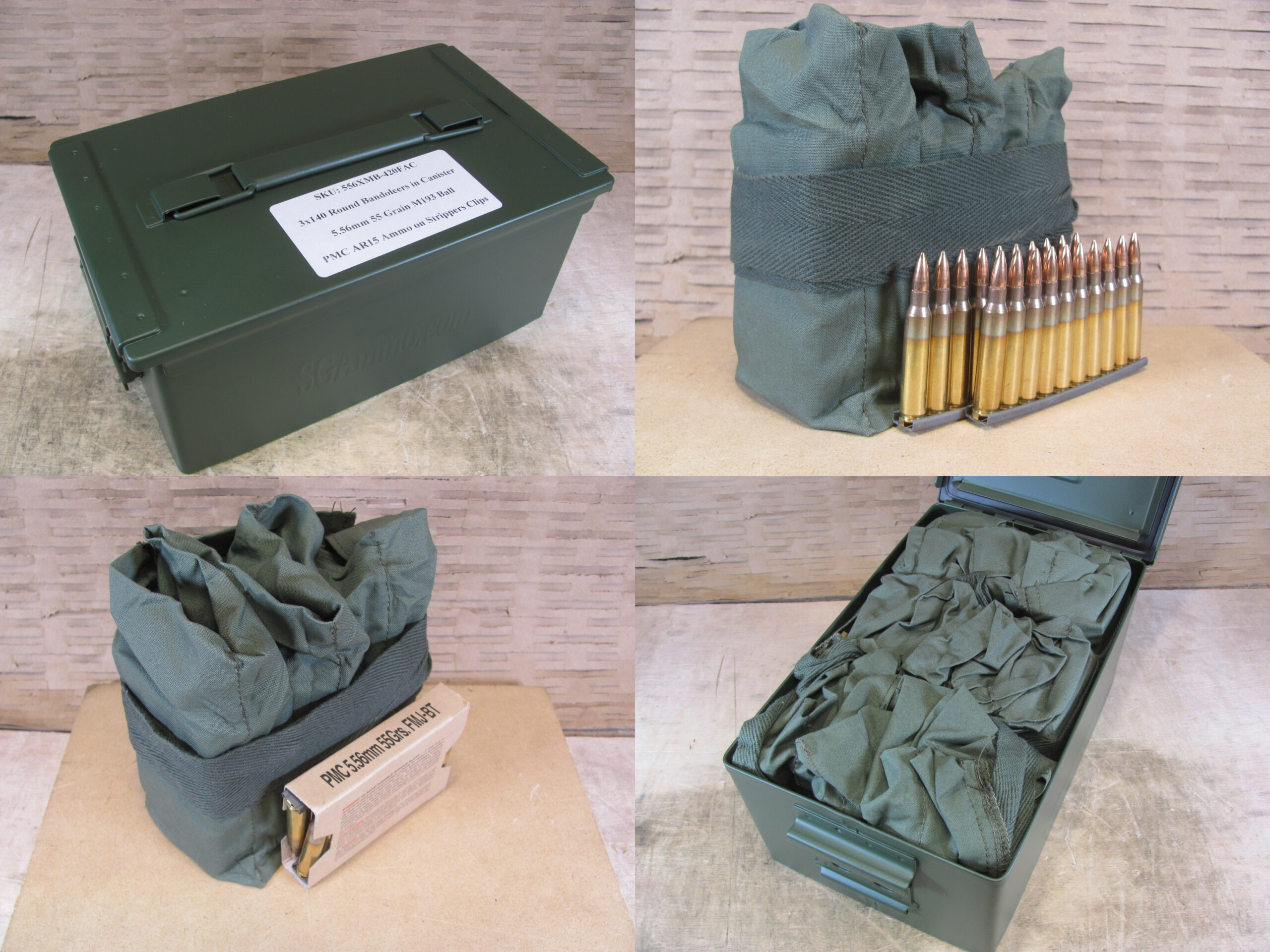 420 Round Flat Can - 5.56mm 55 Grain FMJ-BT M193 Ammo by PMC on AR15 Stripper Clips and Bandoleers - 556XMB - Packed in Metal Canister
