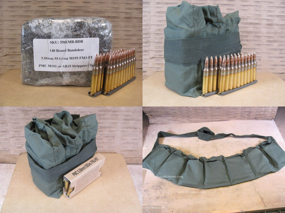 140 Round Bandoleer - 5.56mm 55 Grain FMJ-BT M193 Ammo by PMC on AR15 Stripper Clips Packed in Bandoleer - 556XMB