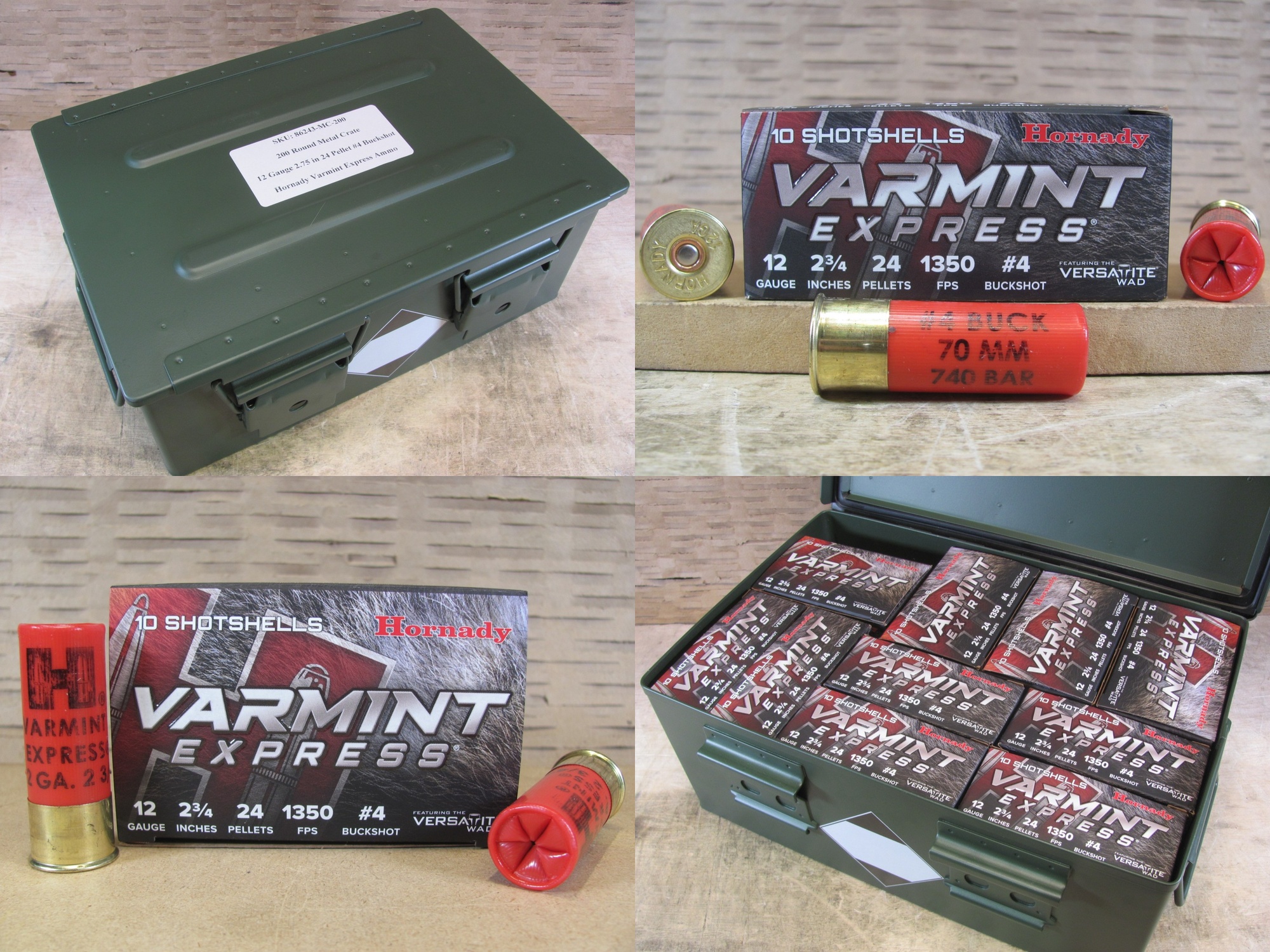 200 Round Metal Crate Canister - 12 Gauge 2-3/4 Inch Number 4 Buckshot Varmint Express Hornady Ammo - 86243