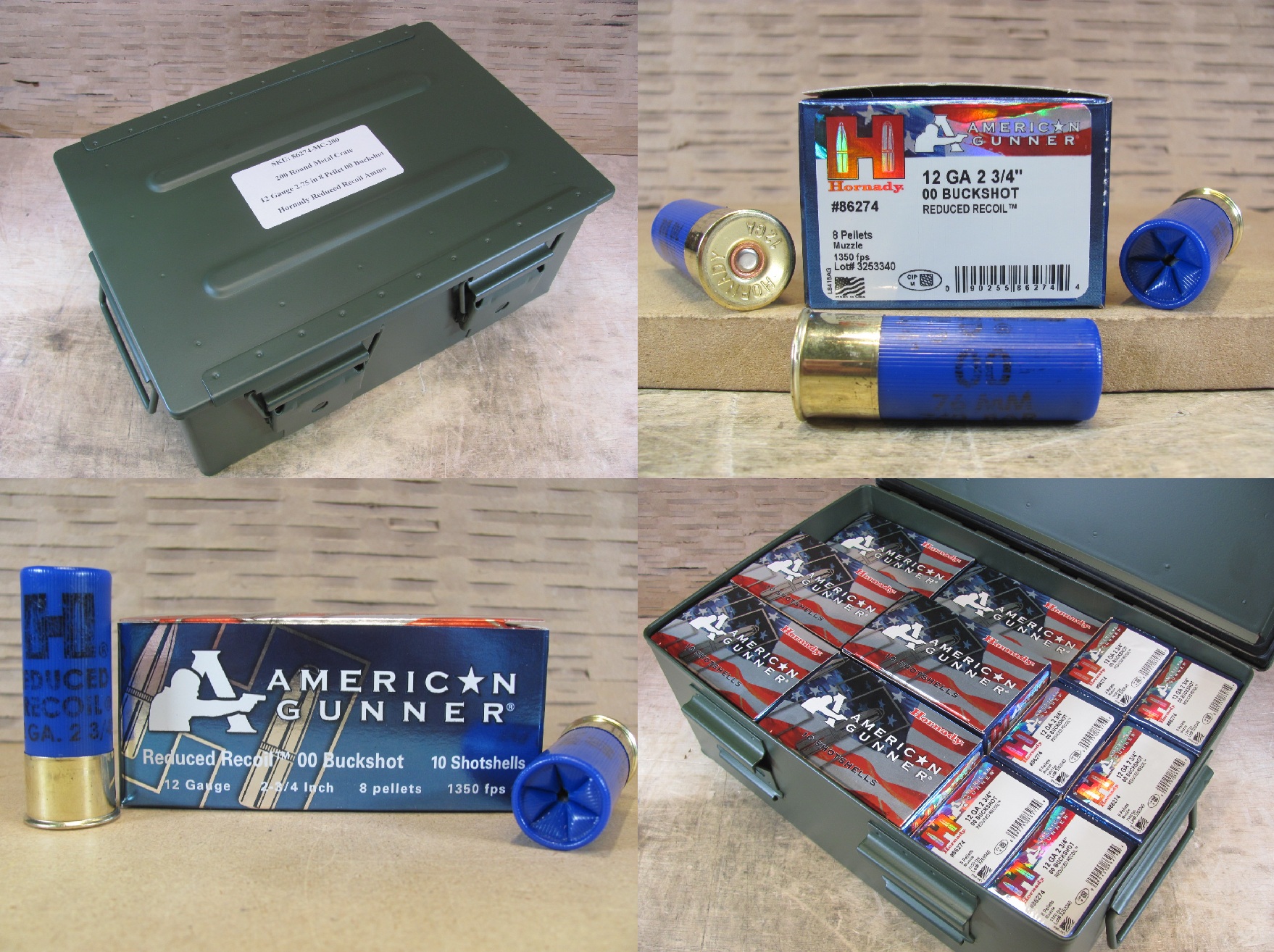200 Round Metal Crate Canister - 12 Gauge 2.75 00 Buckshot 8 Pellet Reduced Recoil Hornady American Gunner Ammo - 86274