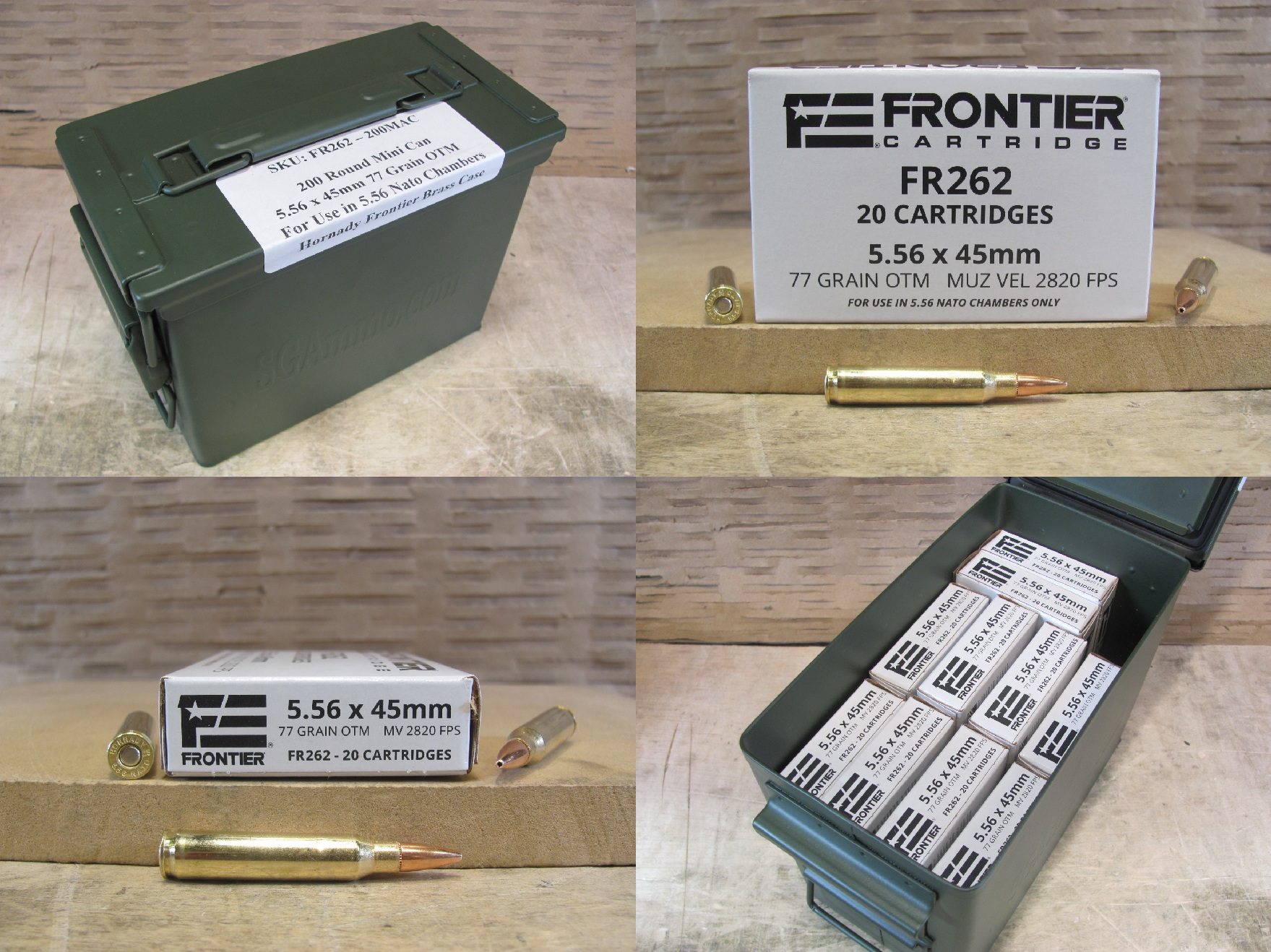 200 Round Can - 5.56 x 45mm 77 Grain Open Tip Match Hornady Frontier Ammo - FR262 - FOR USE IN 5.56 NATO CHAMBERS ONLY - Packed in Mini Canister