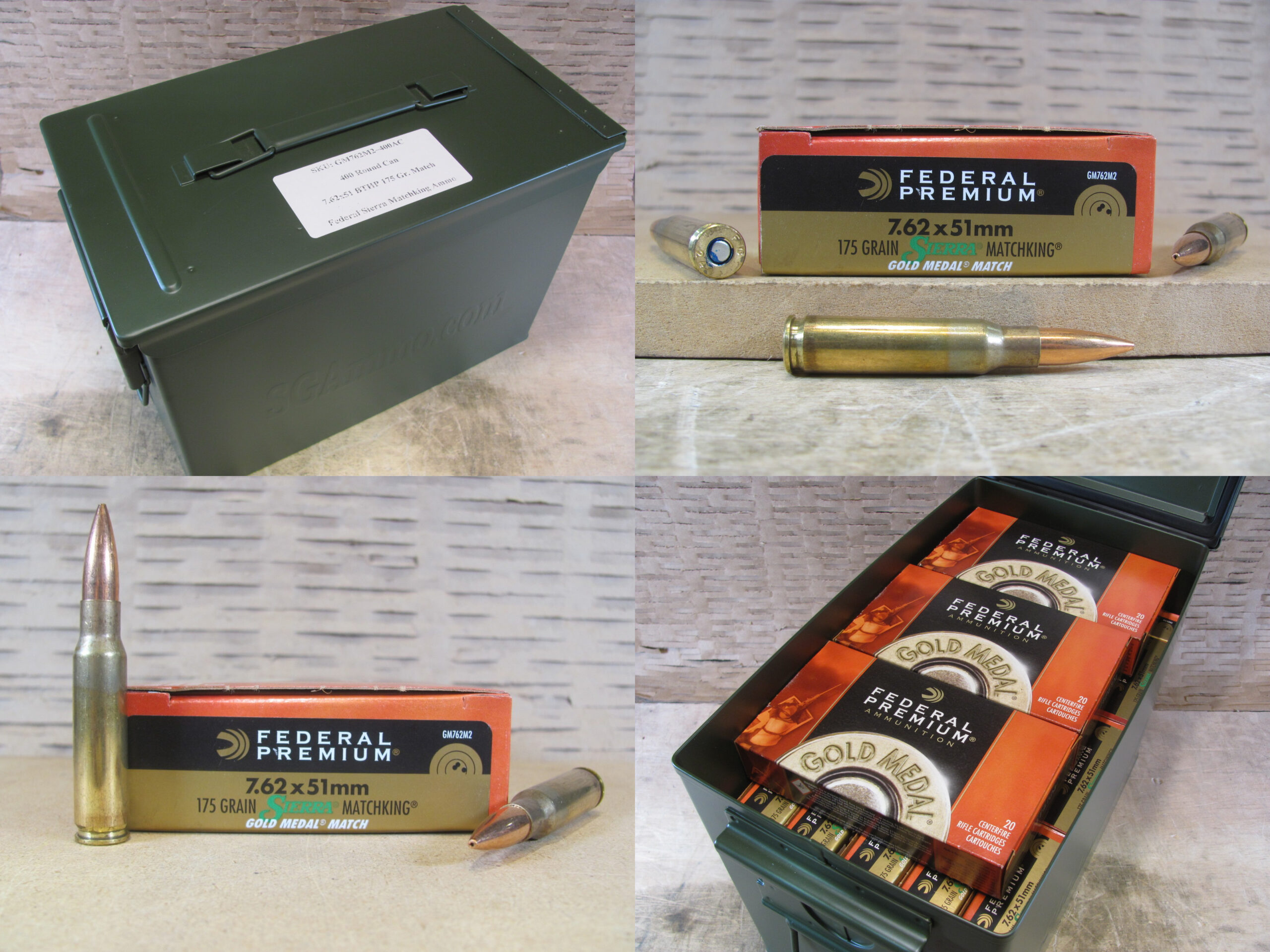 400 Round Can - 7.62x51 Federal Gold Medal Match 175 Grain BTHP Sierra Matchking Ammo - GM762M2 - Packed in PA108 SAW Canister